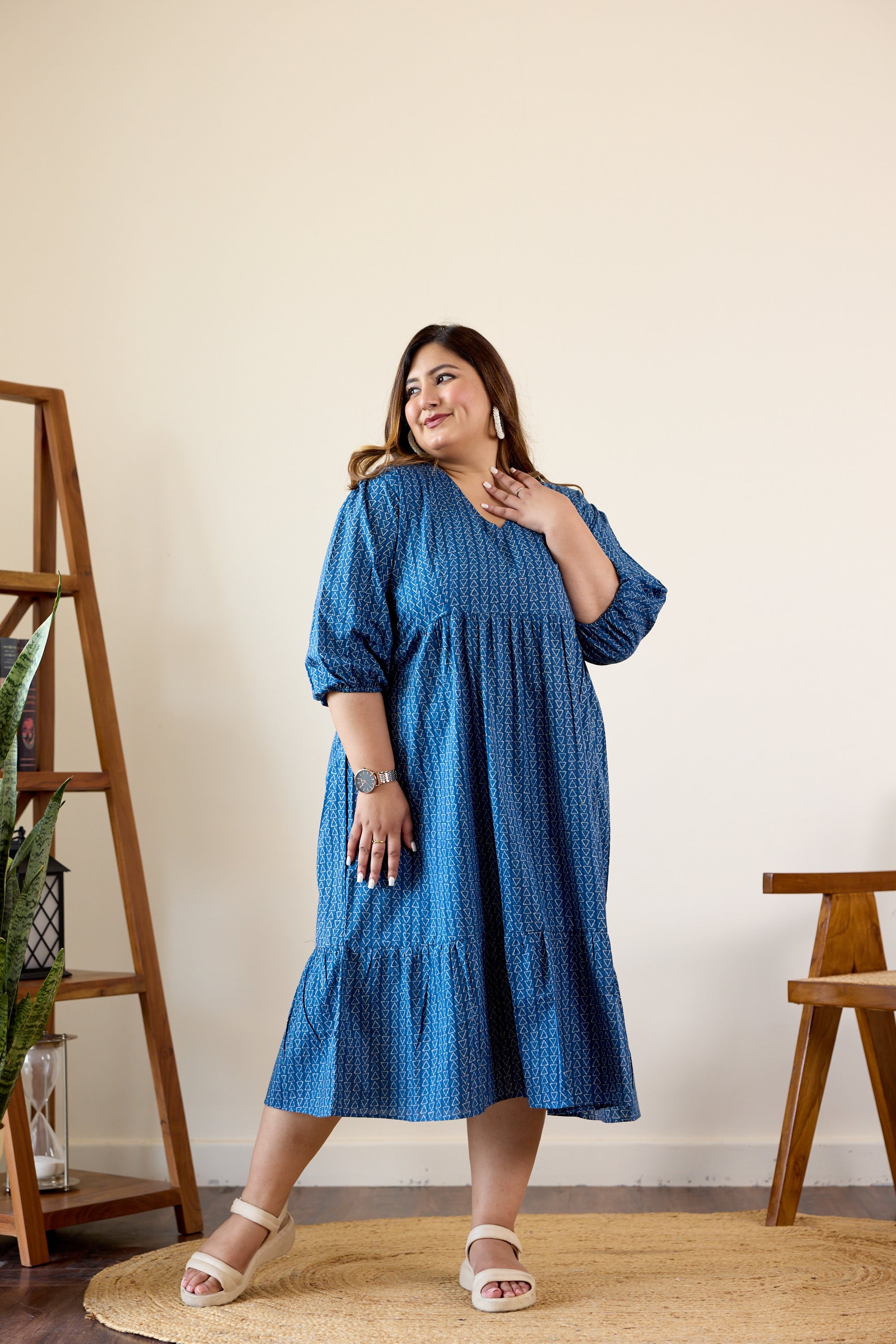 Women's Blue Geometric Print Tiered Dress - Nangalia Ruchira