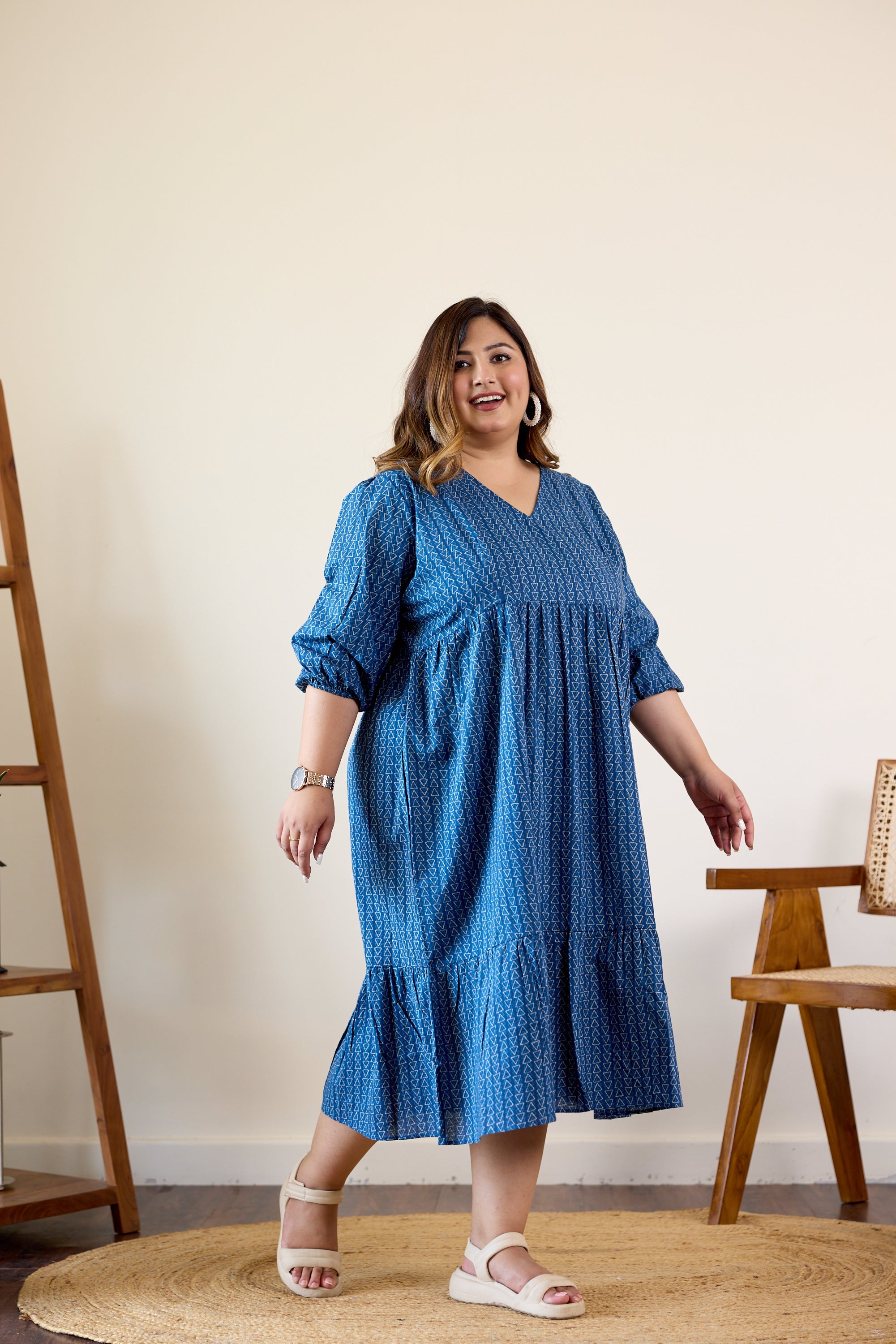 Women's Blue Geometric Print Tiered Dress - Nangalia Ruchira