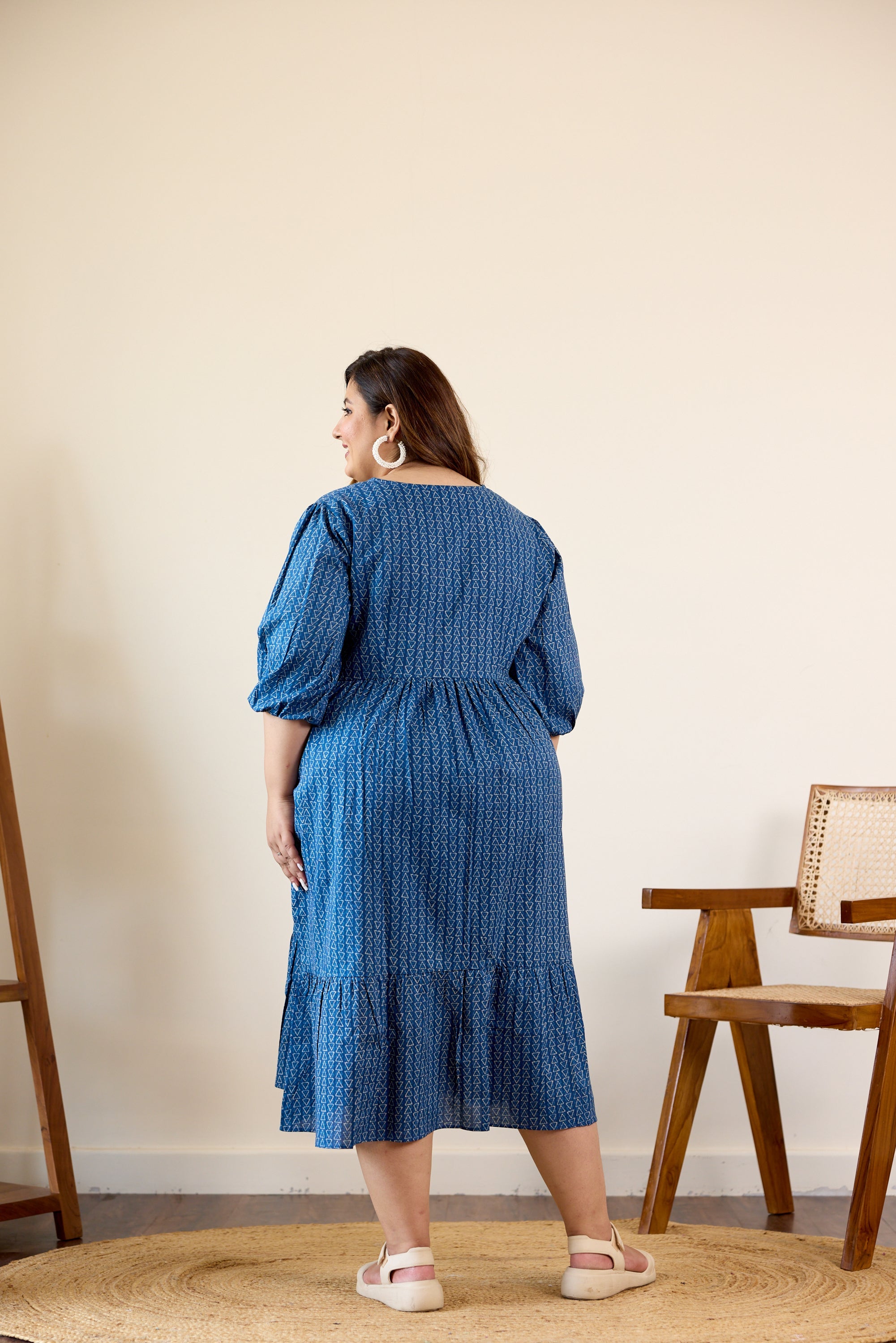 Women's Blue Geometric Print Tiered Dress - Nangalia Ruchira