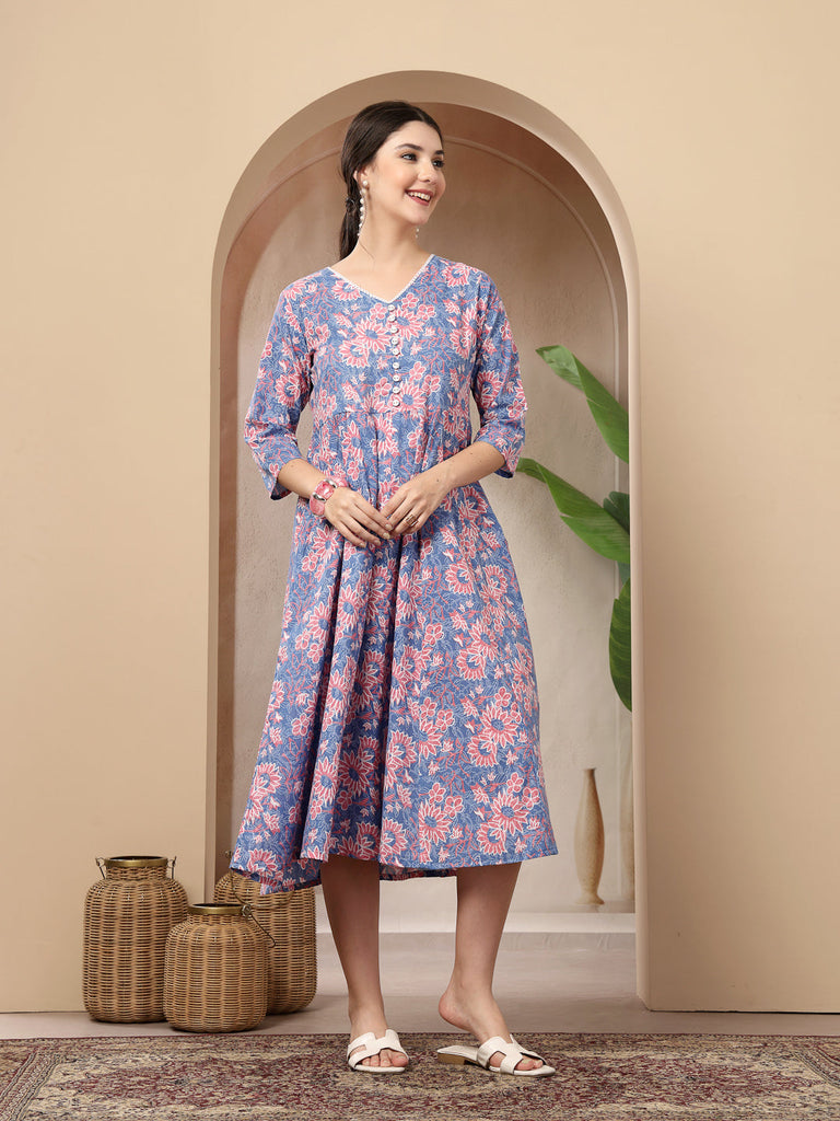 Women's Blue Floral Printed Cotton Flared Dress