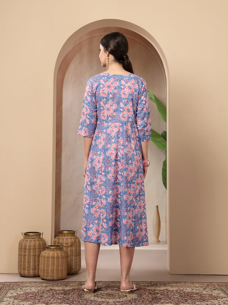 Women's Blue Floral Printed Cotton Flared Dress