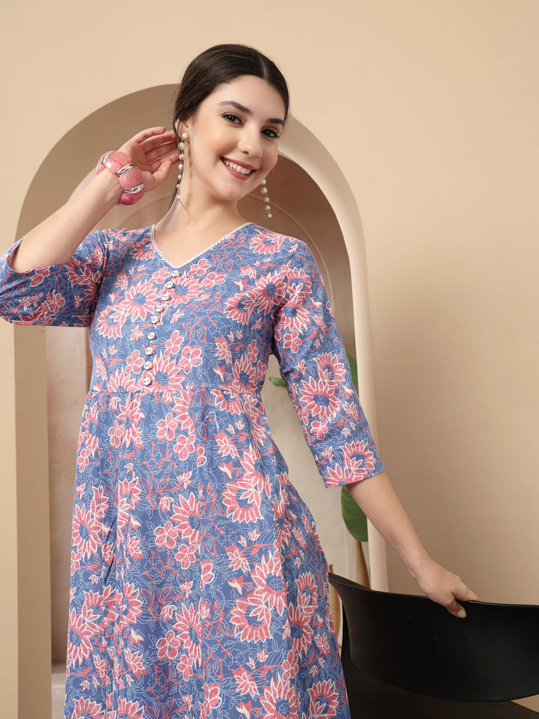 Women's Blue Floral Printed Cotton Flared Dress