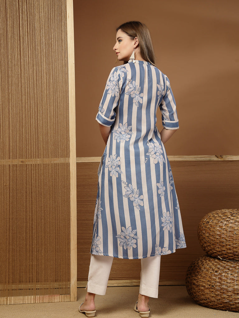 Women's Blue Floral & Striped Printed Poly Rayon A-Line Kurta