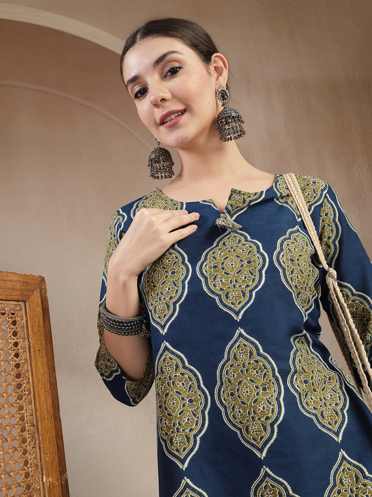Women's Blue Ethnic Printed Cotton Straight Kurta