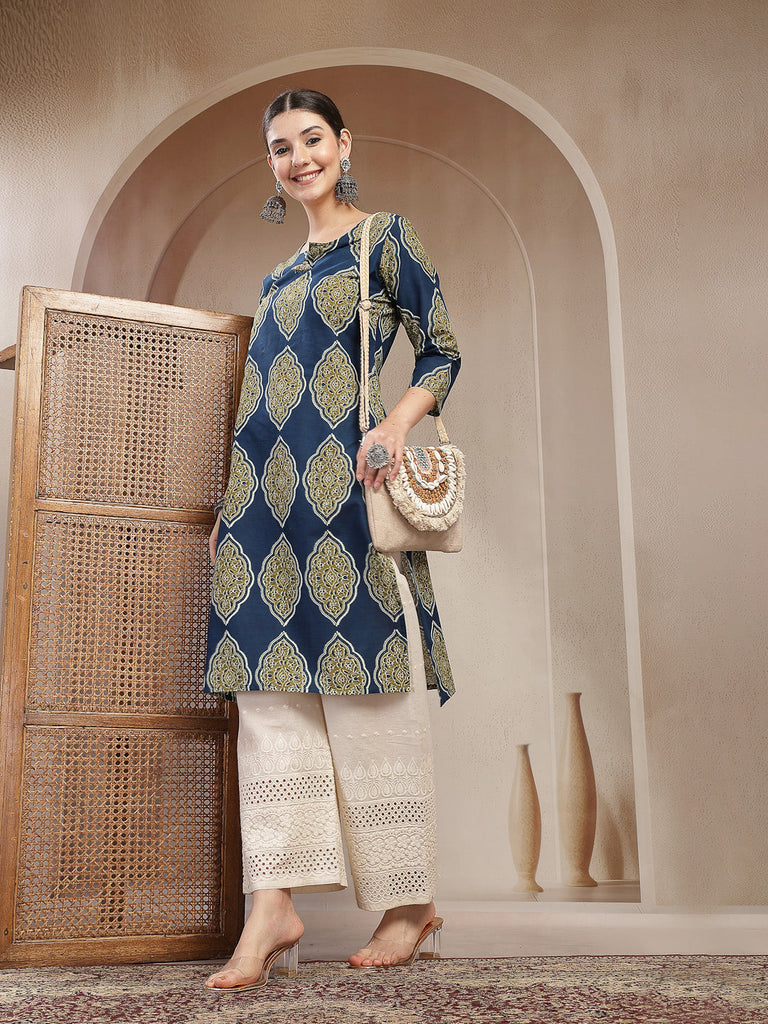 Women's Blue Ethnic Printed Cotton Straight Kurta
