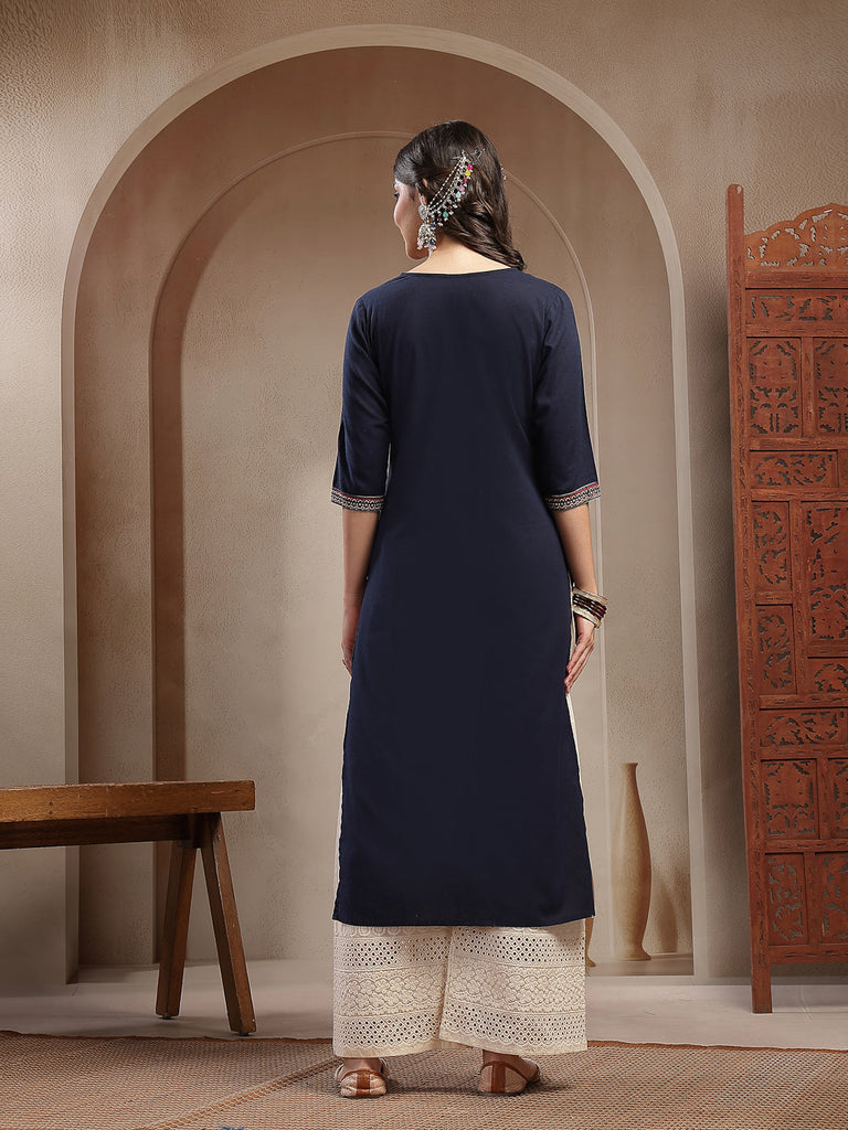 Women's Navy Blue Solid Cotton Straight Kurta