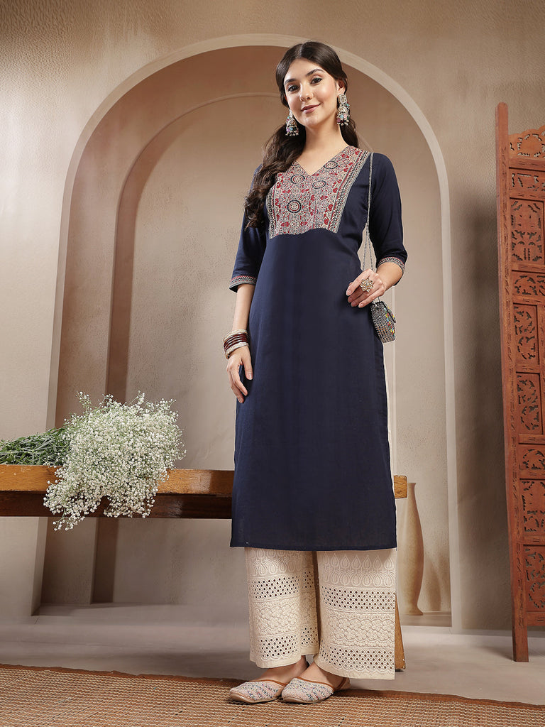 Women's Navy Blue Solid Cotton Straight Kurta