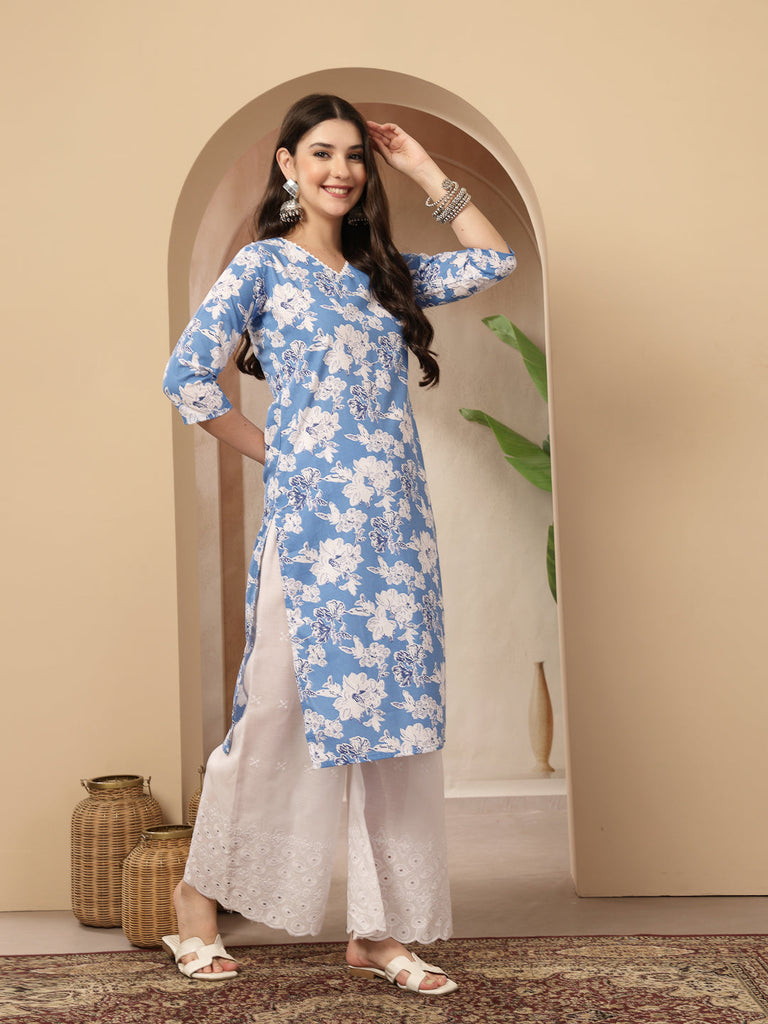 Women's Blue Floral Printed Cotton Straight Kurta