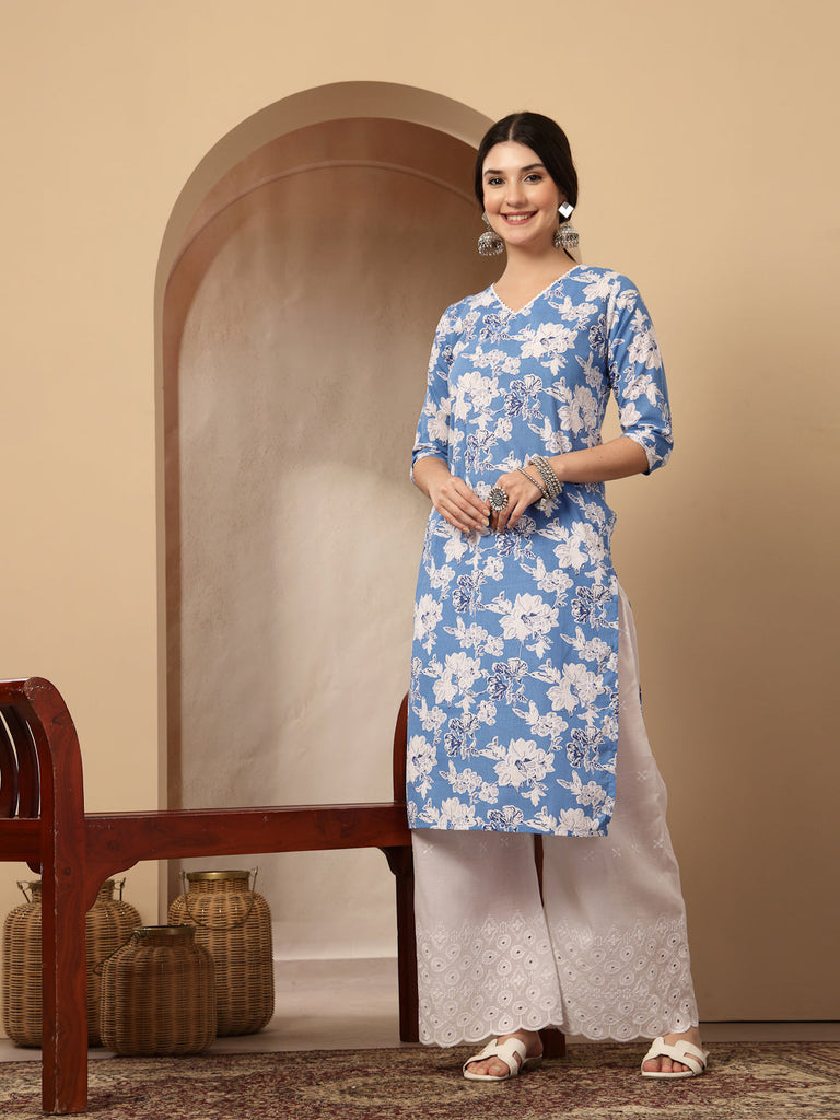 Women's Blue Floral Printed Cotton Straight Kurta