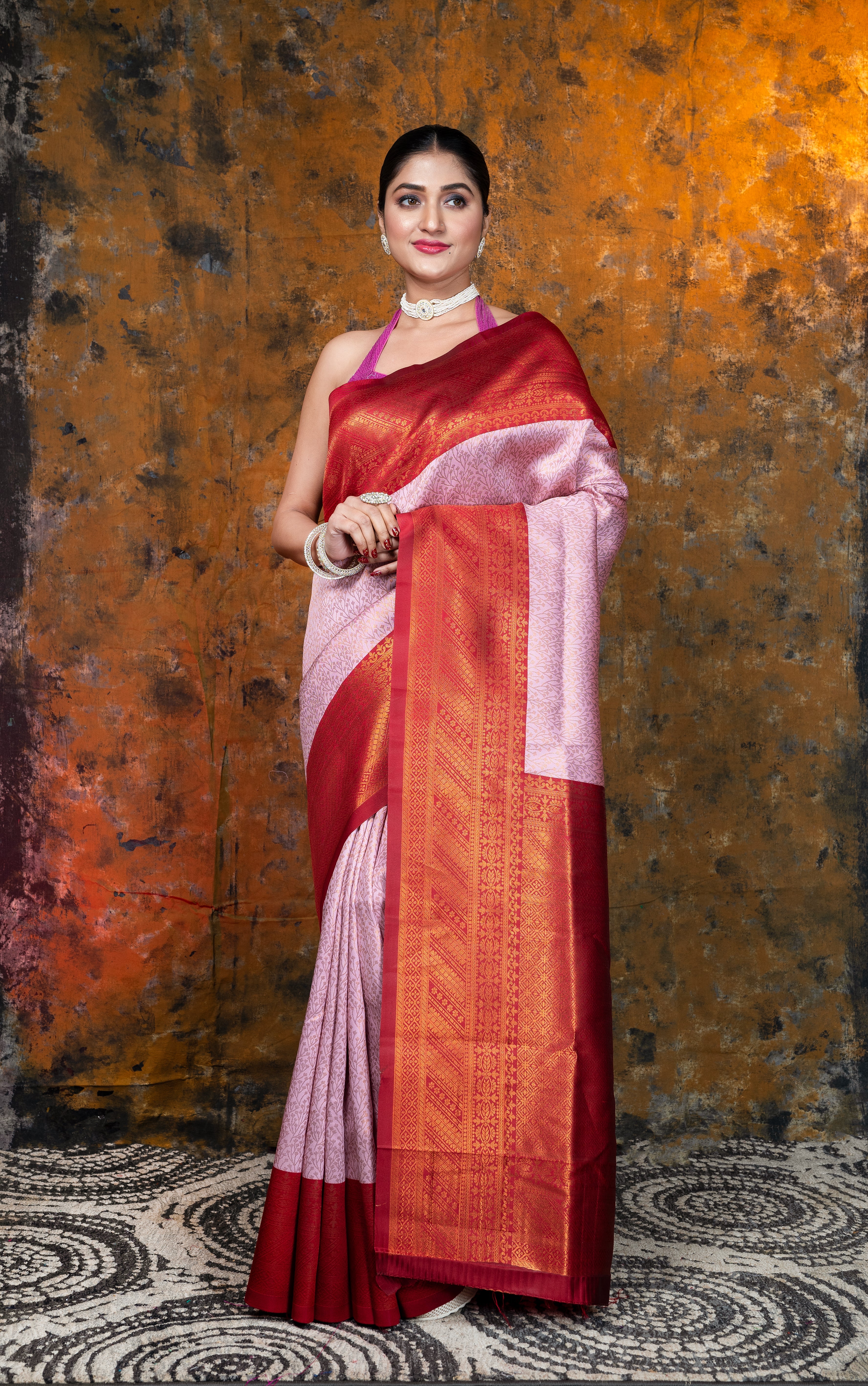 Women's Pink Kanjivaram Soft Silk Saree With Copper Woven Motifs And Red Border Pallu - Aanika