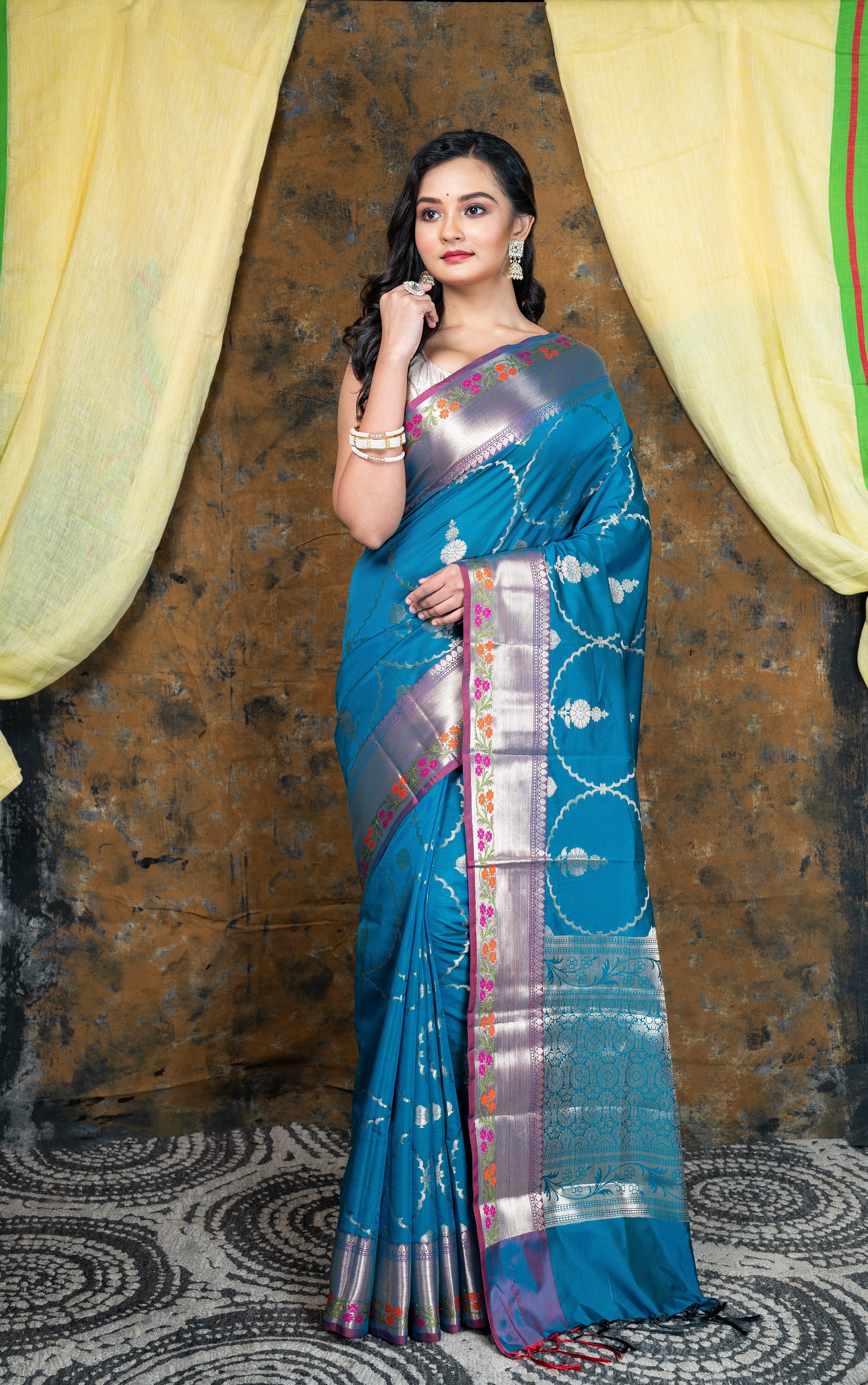 Women's Cerulean Soft Banarasi Uppada  Silk Saree With Golden Woven Motifs - Aanika