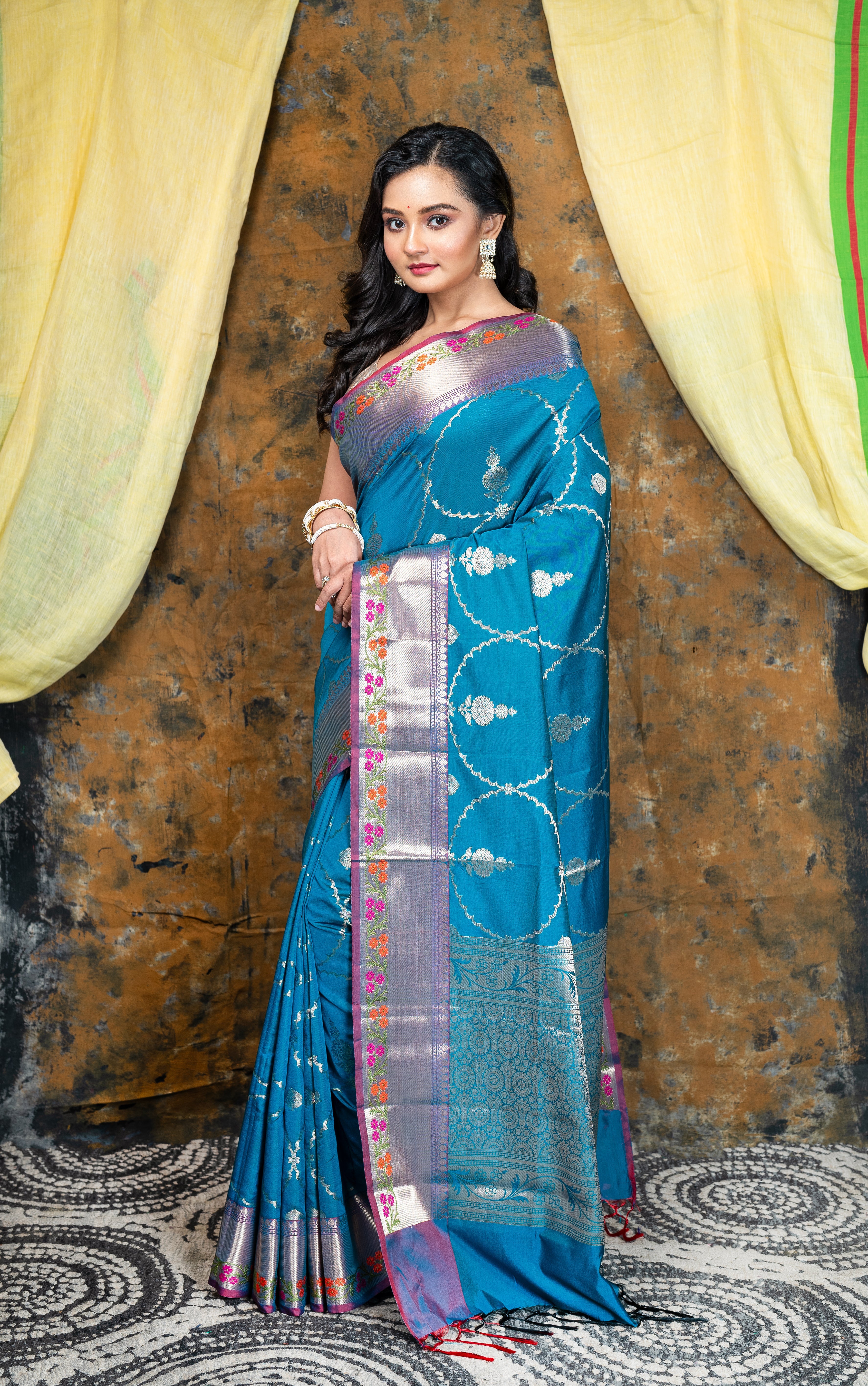 Women's Cerulean Soft Banarasi Uppada  Silk Saree With Golden Woven Motifs - Aanika