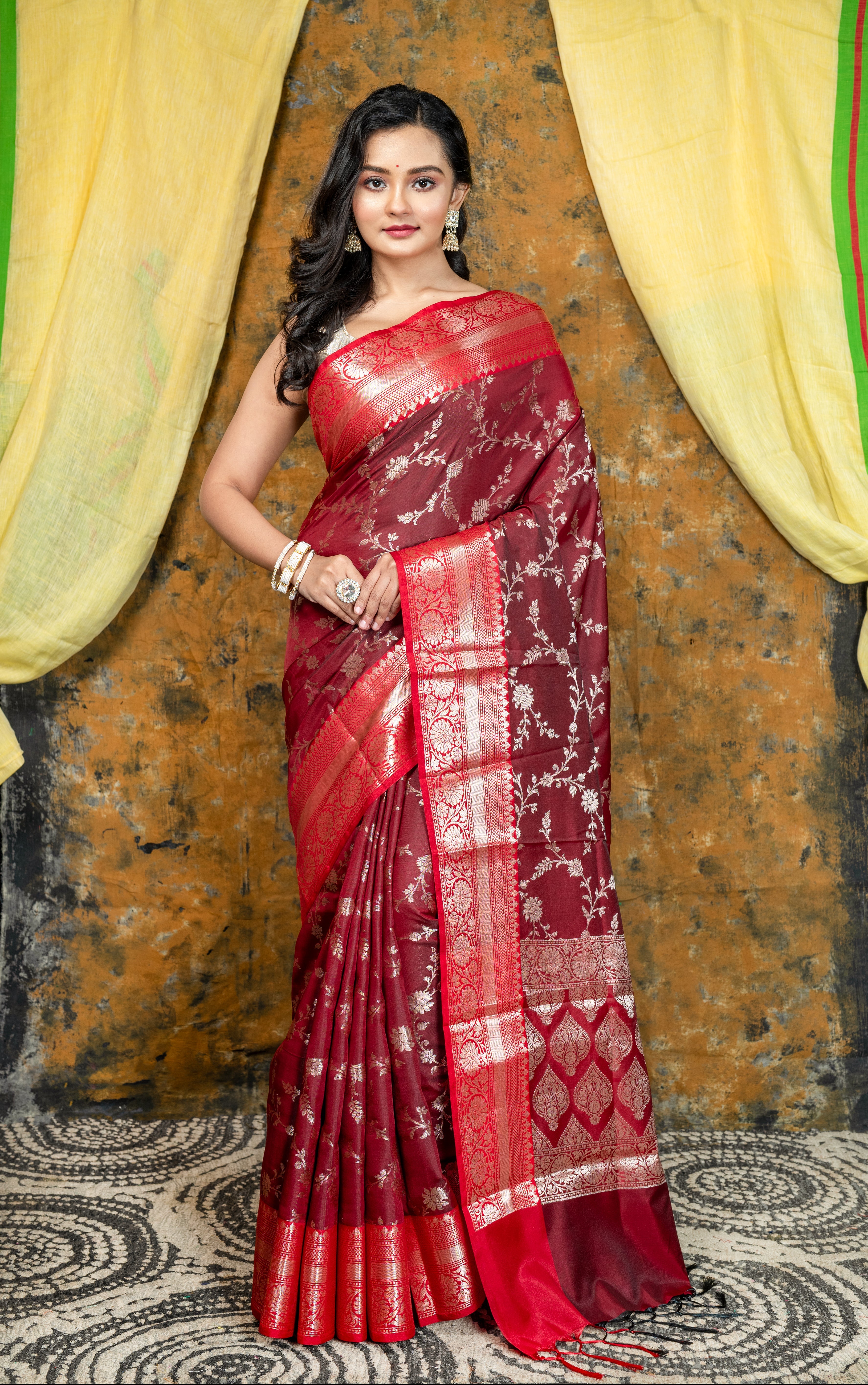 Women's Maroon Soft Banarasi Uppada  Silk Saree With Floral Woven Motifs - Aanika