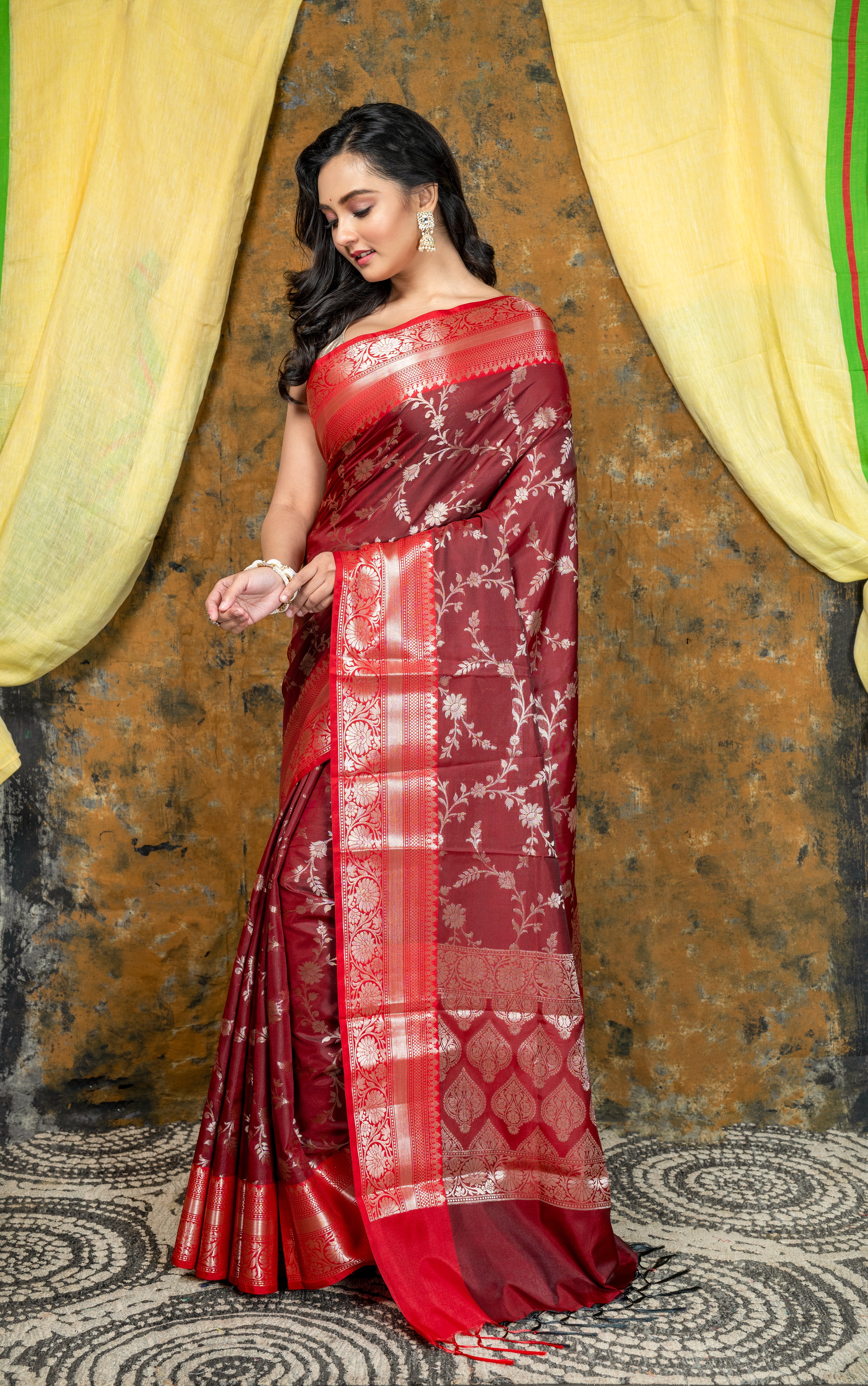 Women's Maroon Soft Banarasi Uppada  Silk Saree With Floral Woven Motifs - Aanika