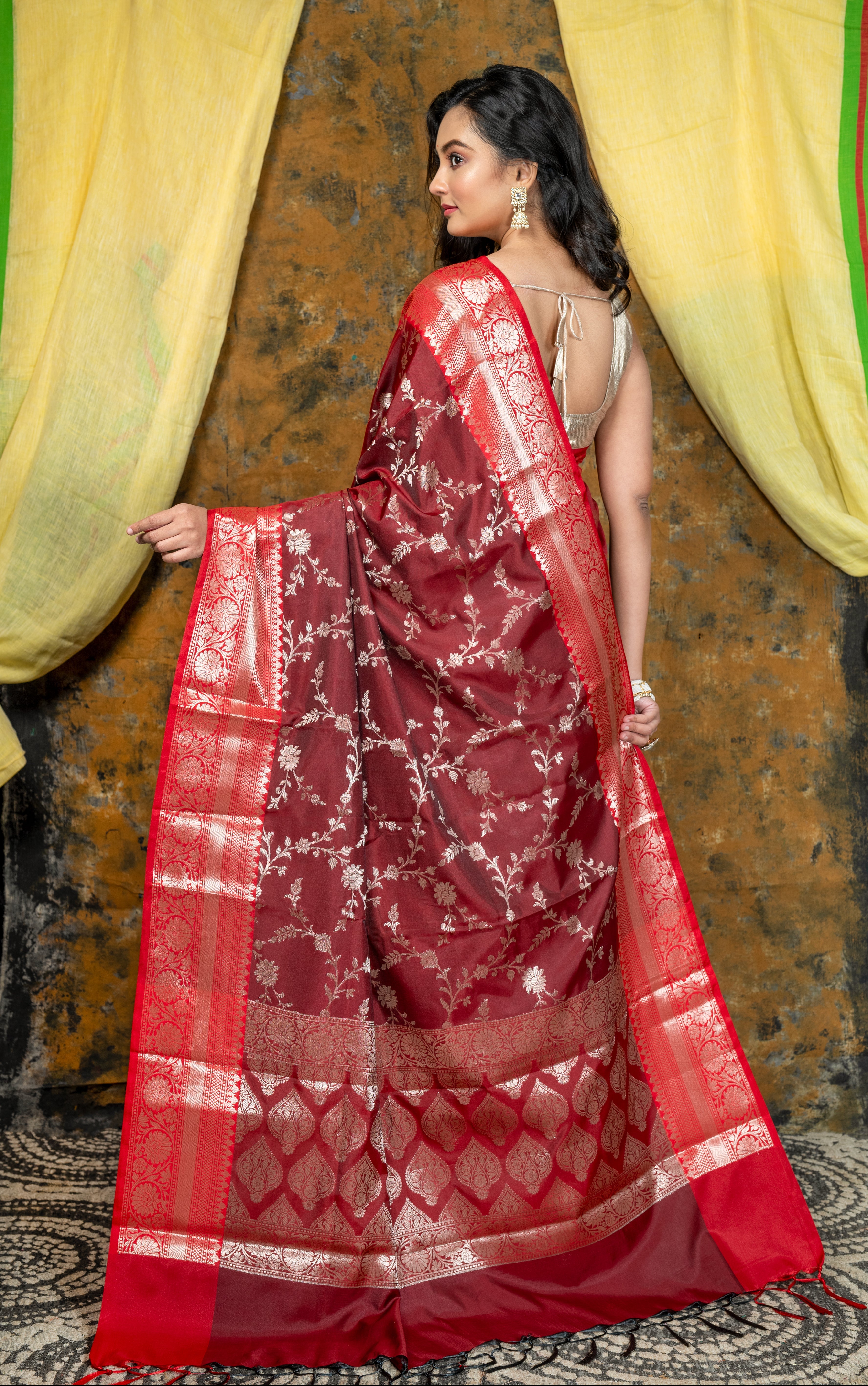 Women's Maroon Soft Banarasi Uppada  Silk Saree With Floral Woven Motifs - Aanika