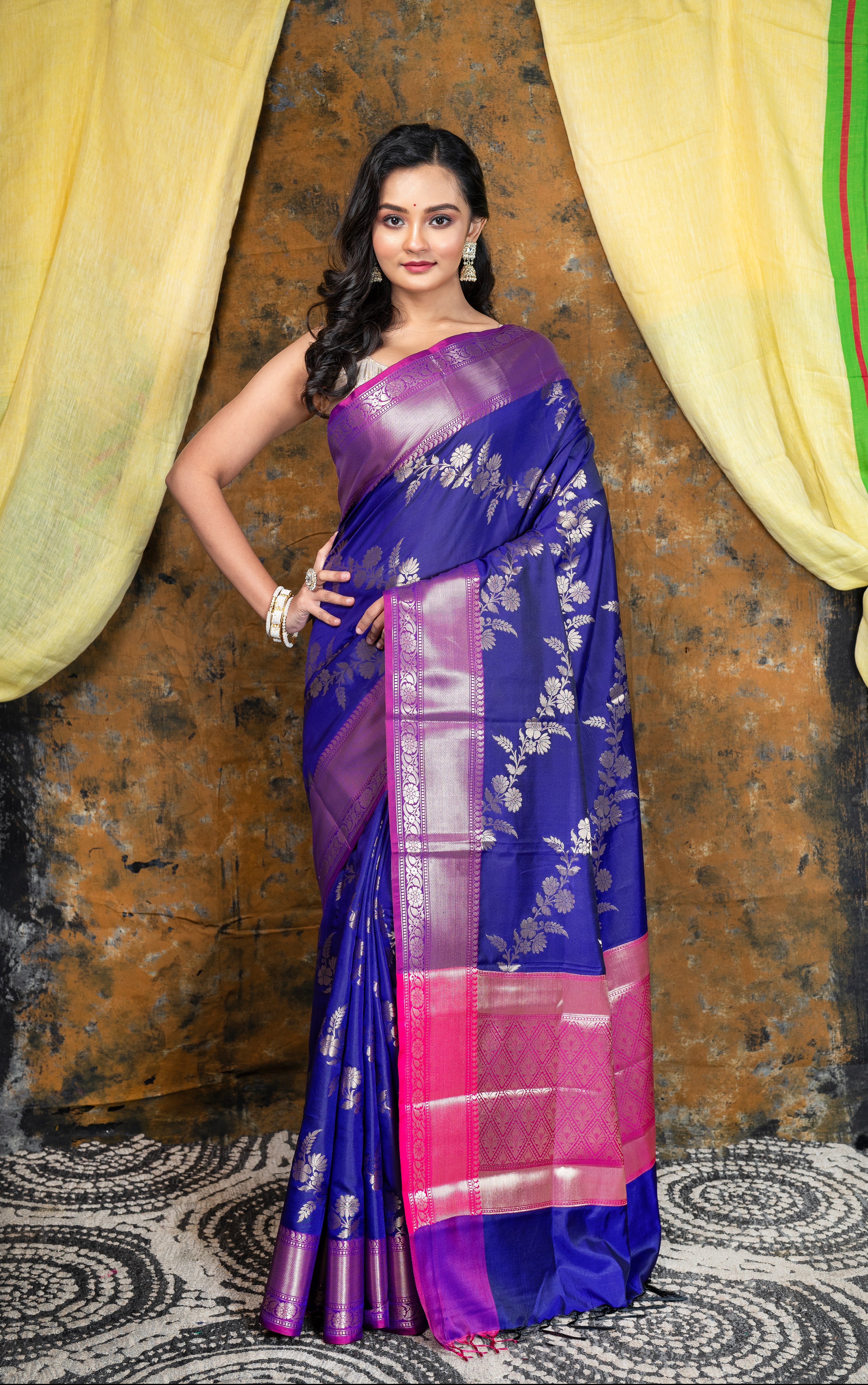 Women's Ink Blue Soft Banarasi Uppada  Silk Saree With Floral Woven Motifs - Aanika