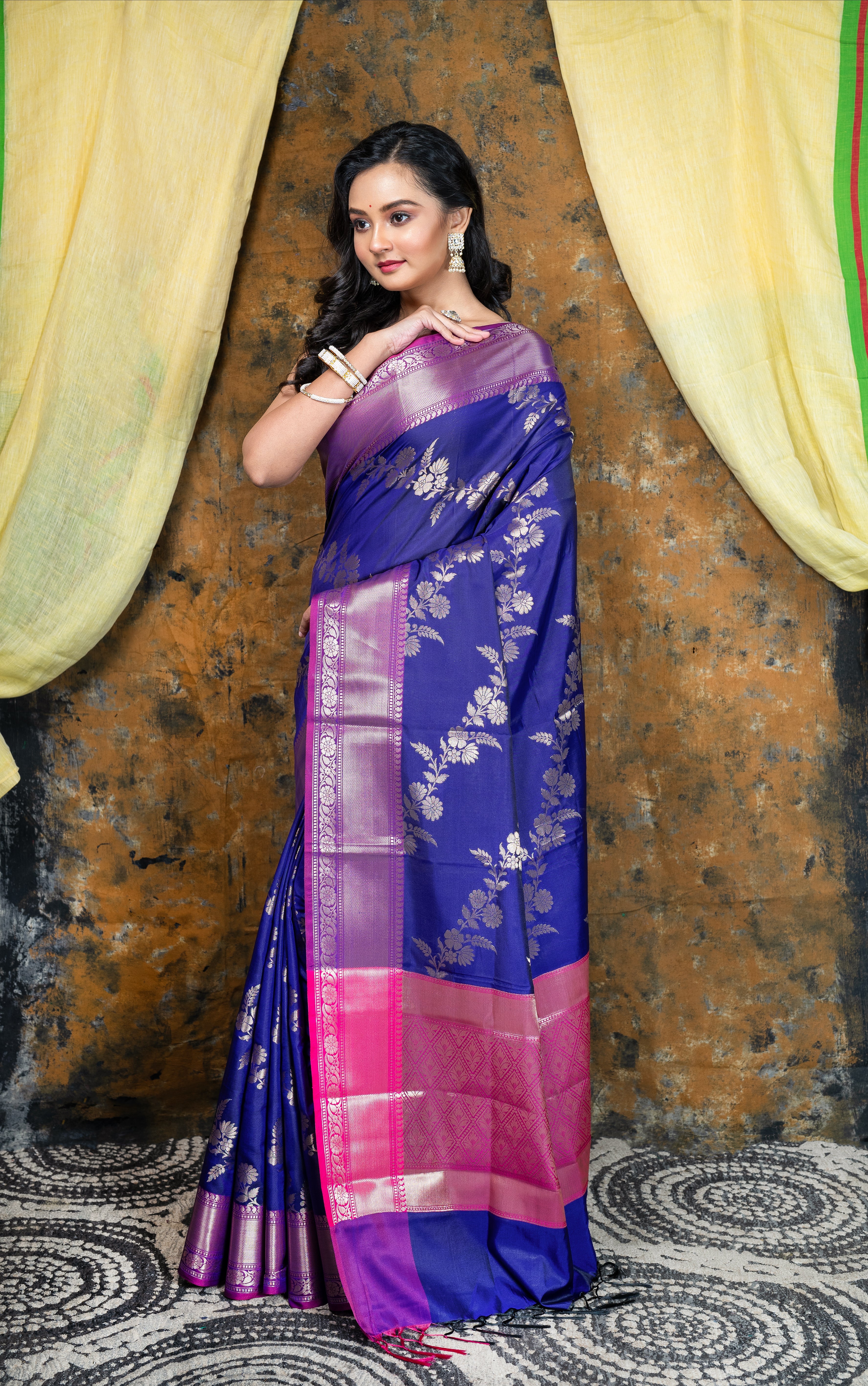 Women's Ink Blue Soft Banarasi Uppada  Silk Saree With Floral Woven Motifs - Aanika