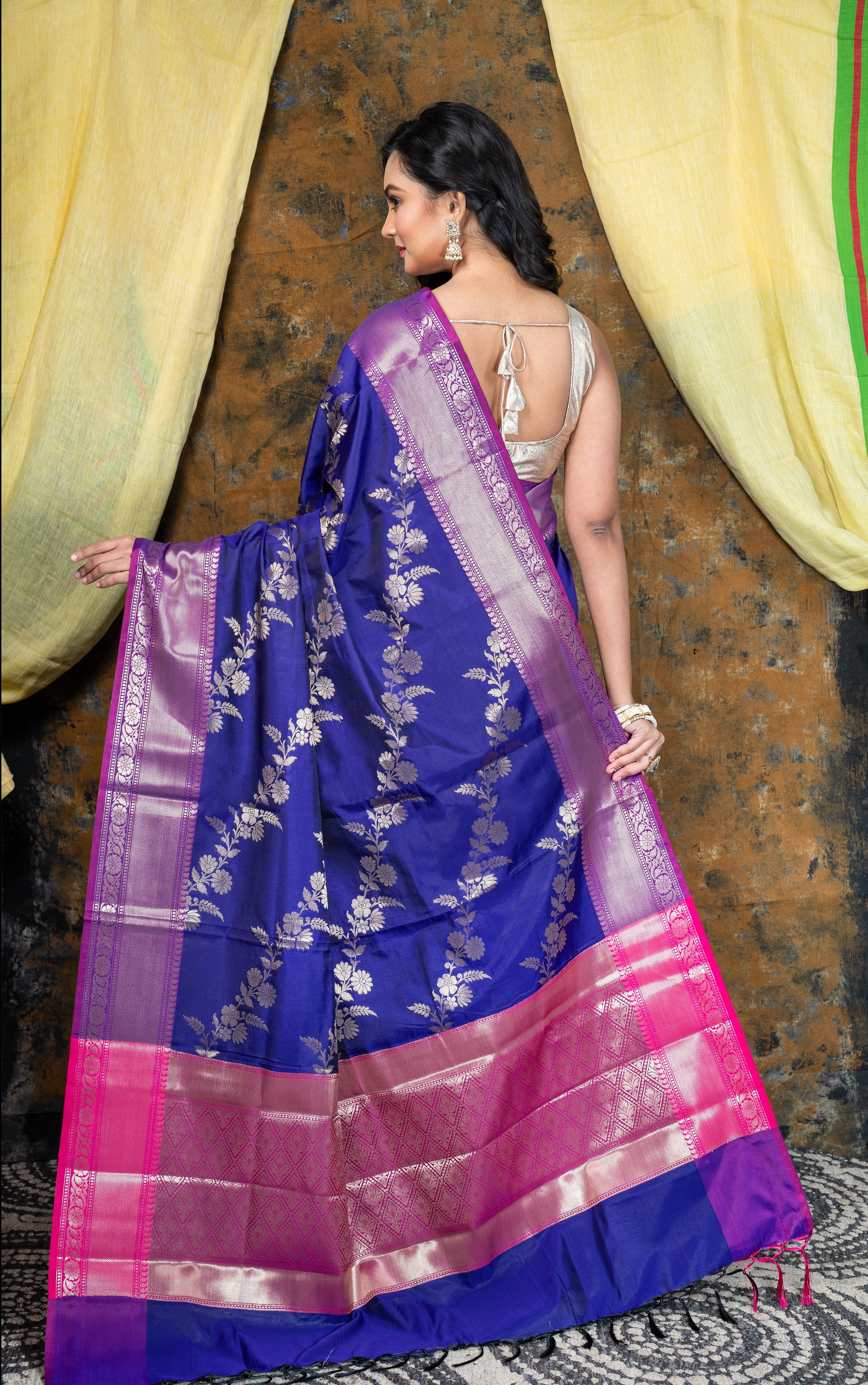 Women's Ink Blue Soft Banarasi Uppada  Silk Saree With Floral Woven Motifs - Aanika