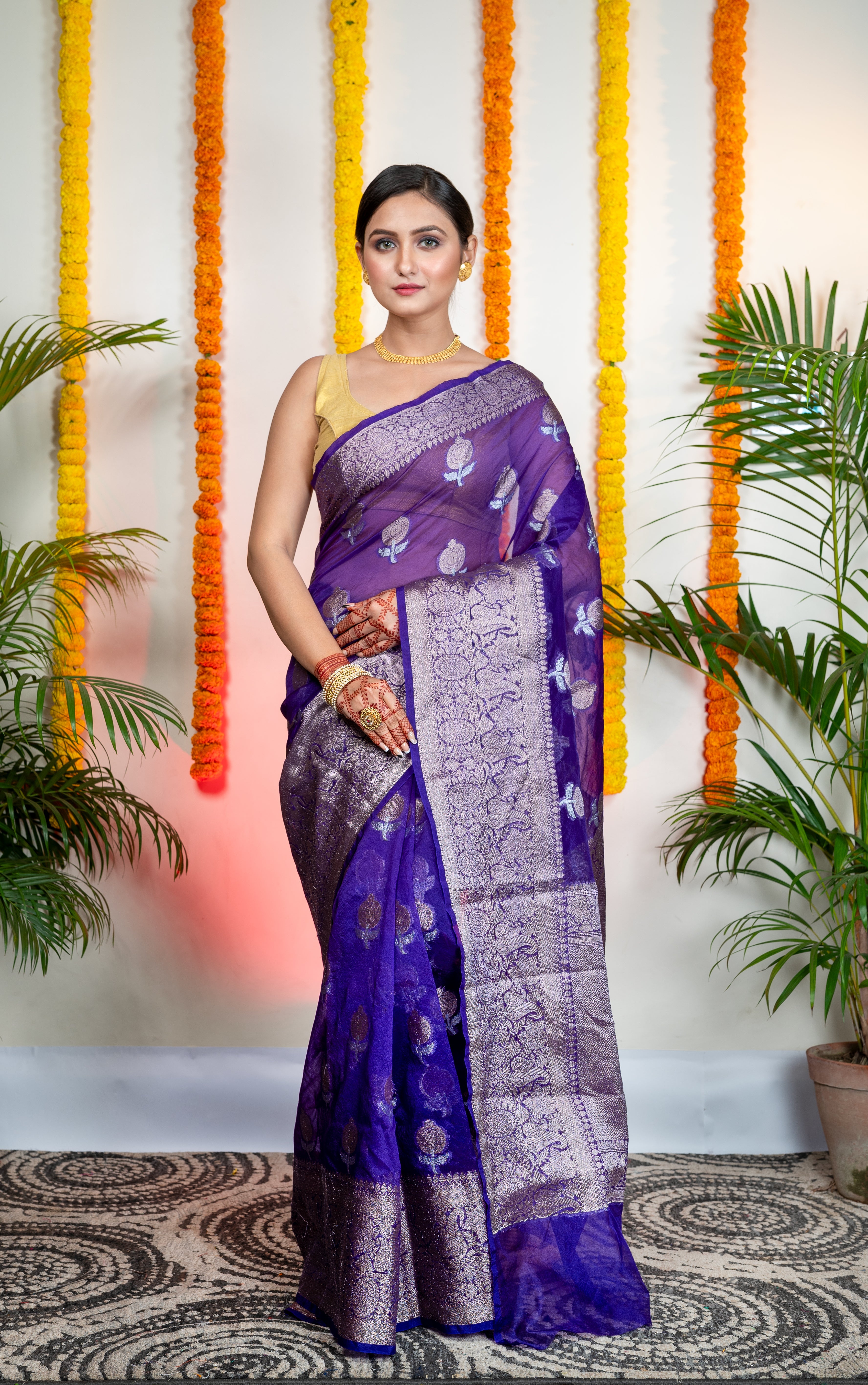 Women's Ink Blue Organza Silk Saree With Zari Border And Floral Motifs - Aanika