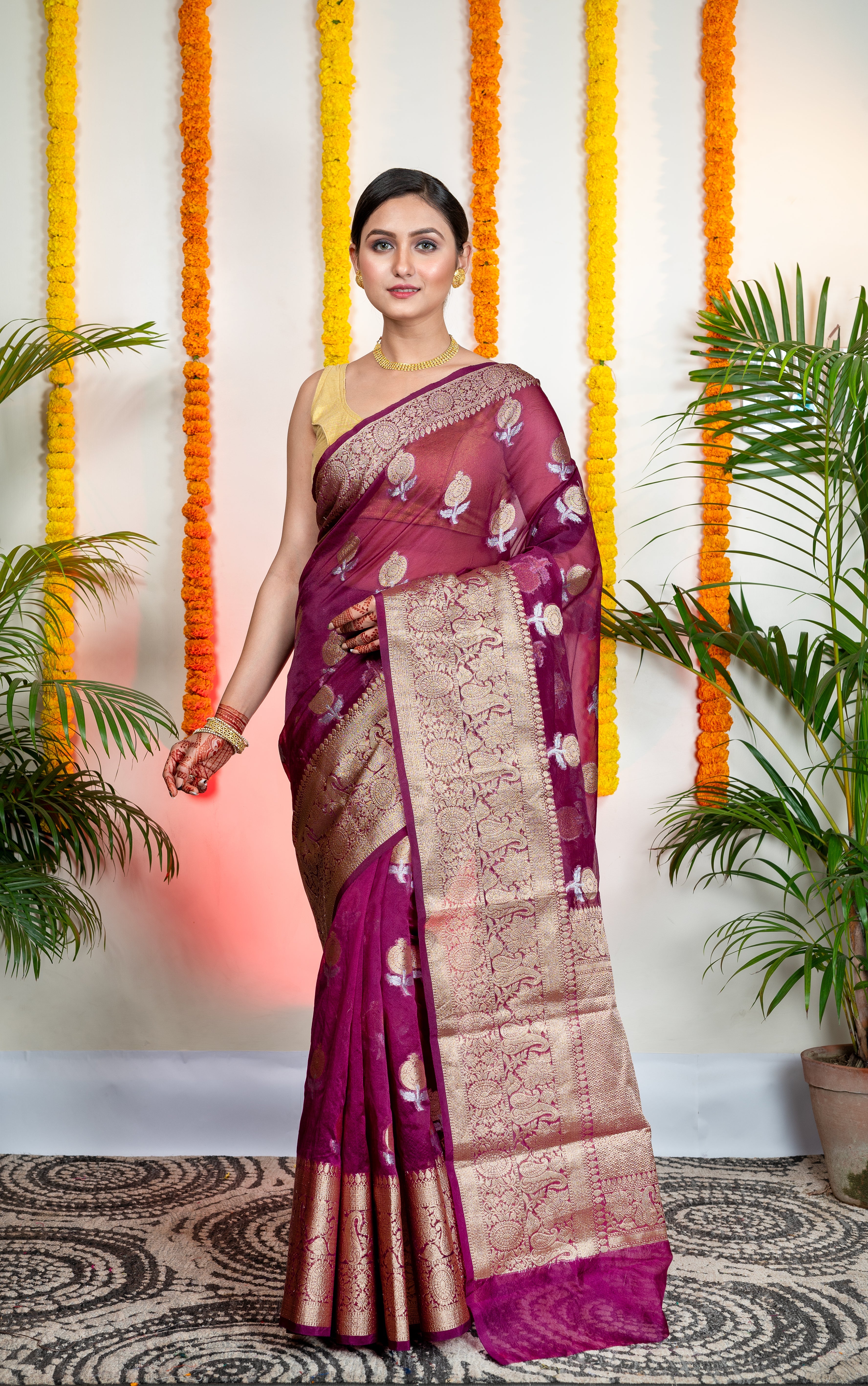 Women's Magenta Organza Silk Saree With Zari Border And Floral Motifs - Aanika