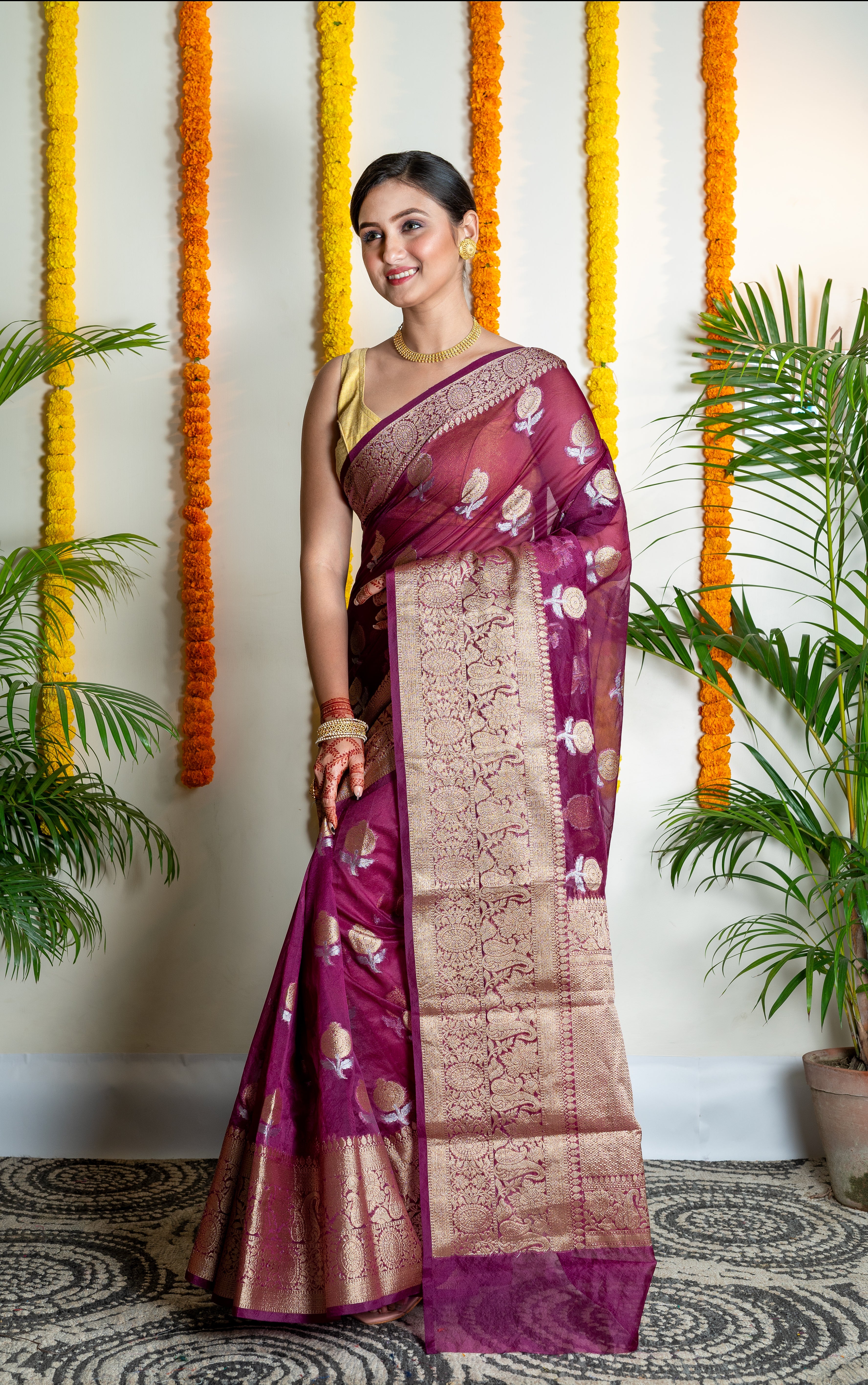 Women's Magenta Organza Silk Saree With Zari Border And Floral Motifs - Aanika