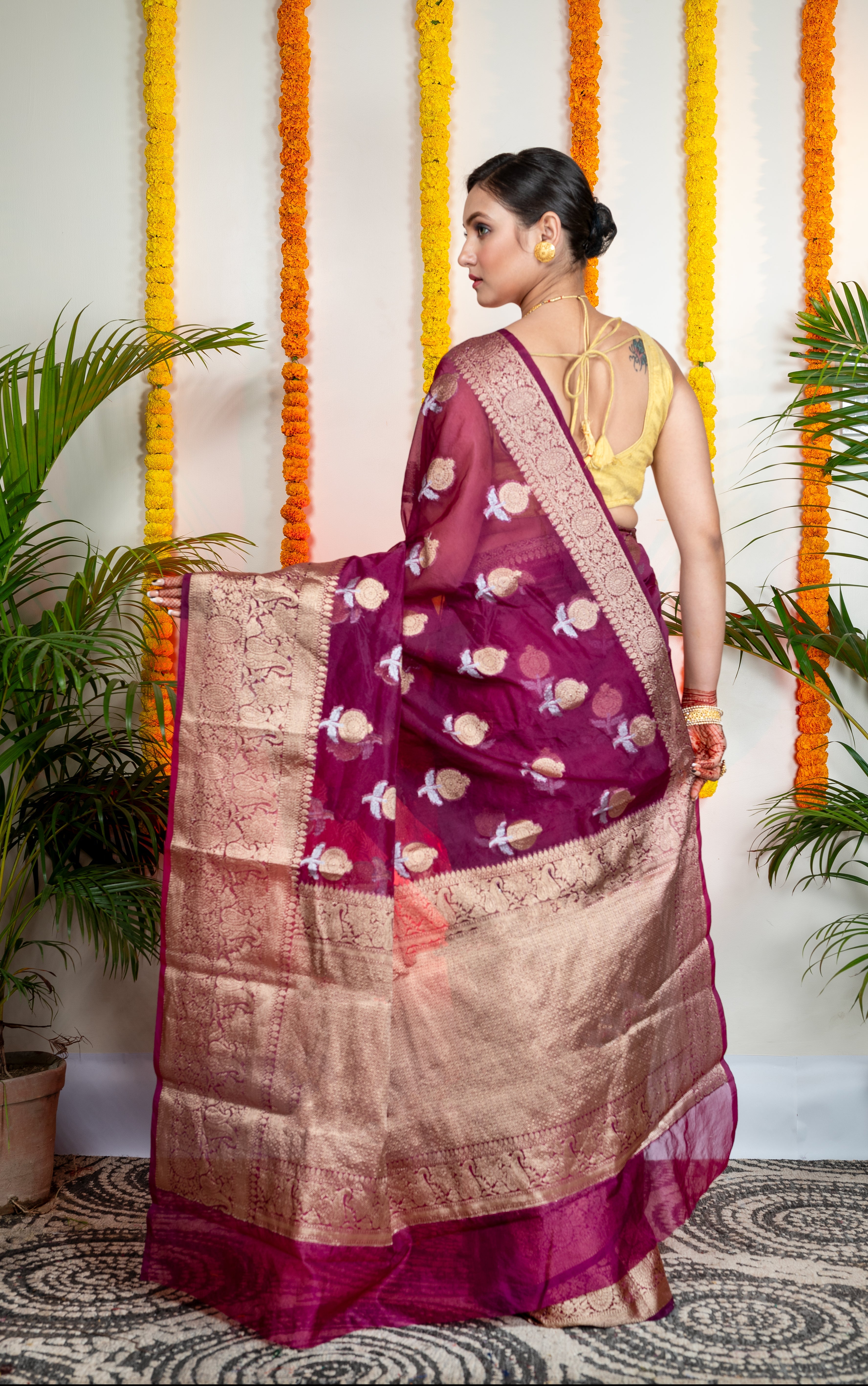 Women's Magenta Organza Silk Saree With Zari Border And Floral Motifs - Aanika