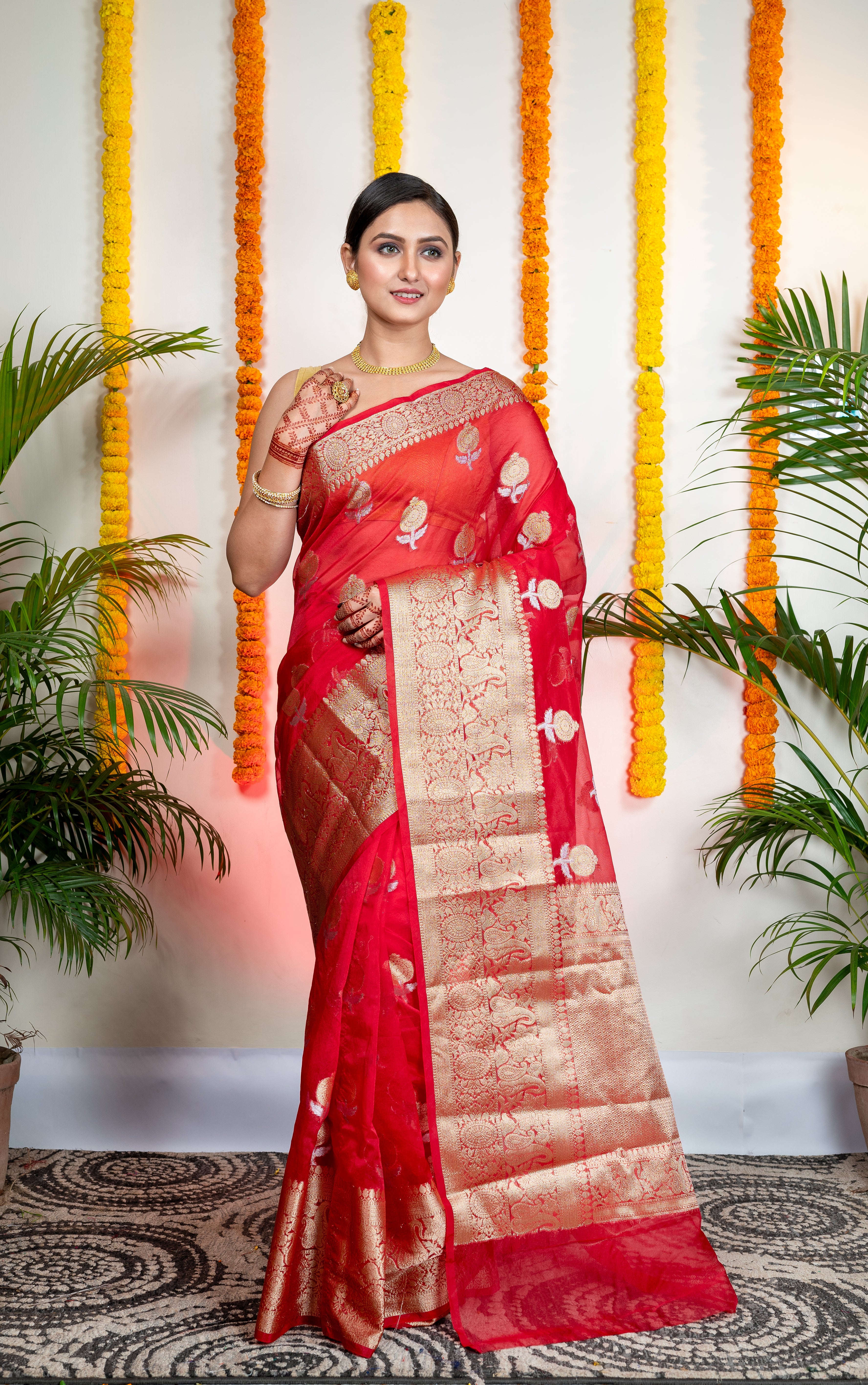 Women's Red Organza Silk Saree With Zari Border And Floral Motifs - Aanika