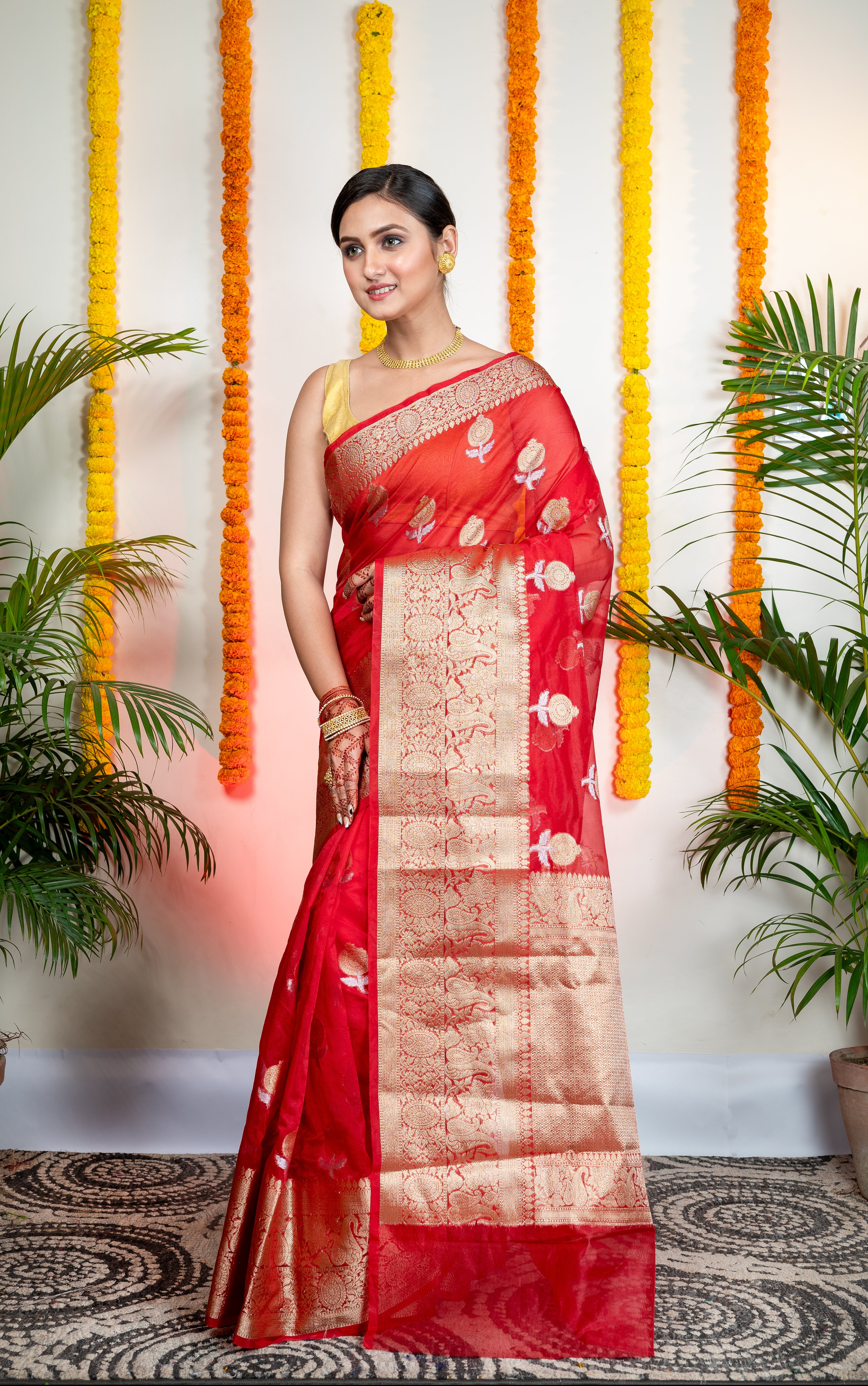 Women's Red Organza Silk Saree With Zari Border And Floral Motifs - Aanika