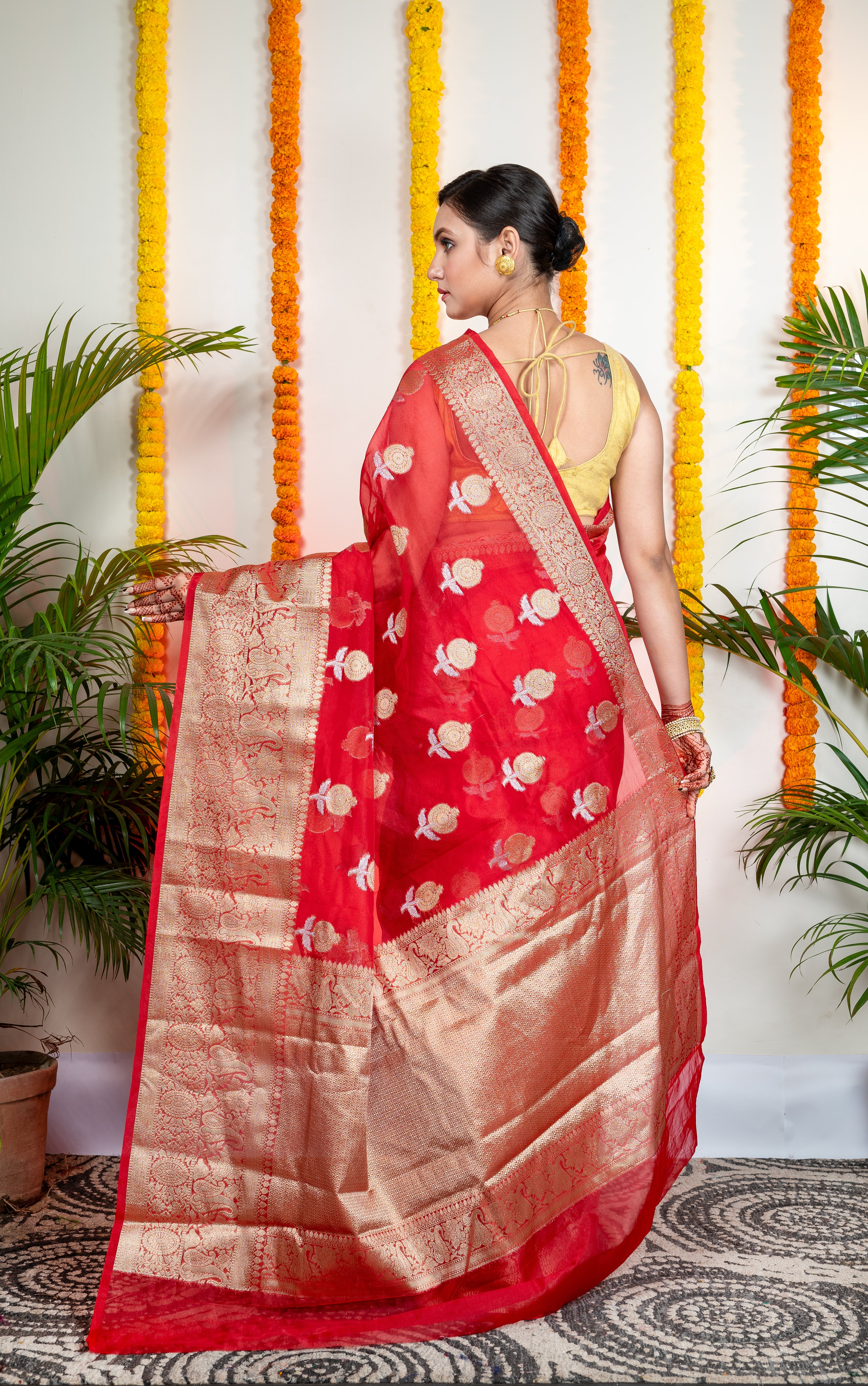 Women's Red Organza Silk Saree With Zari Border And Floral Motifs - Aanika