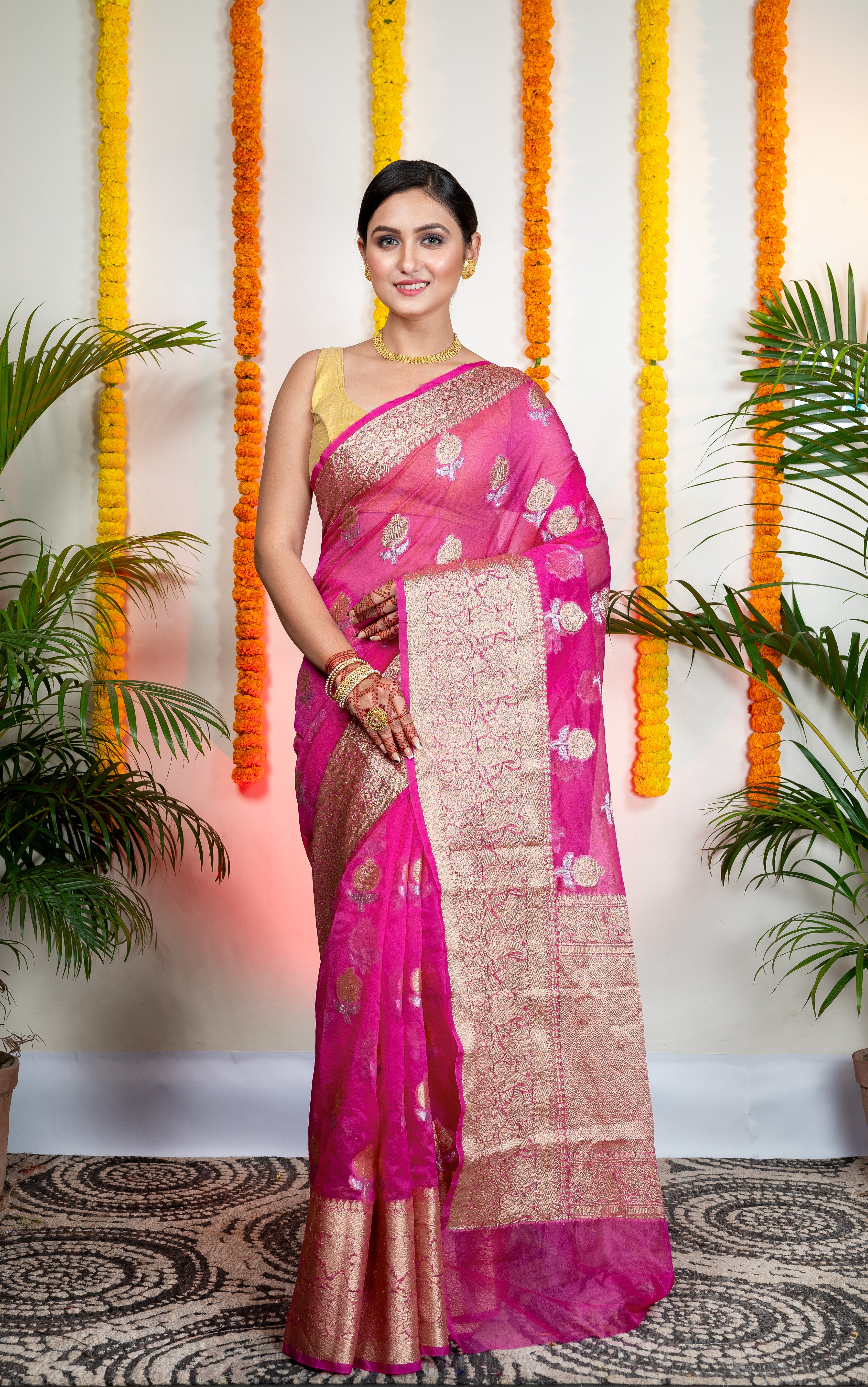 Women's Pink Organza Silk Saree With Zari Border And Floral Motifs - Aanika