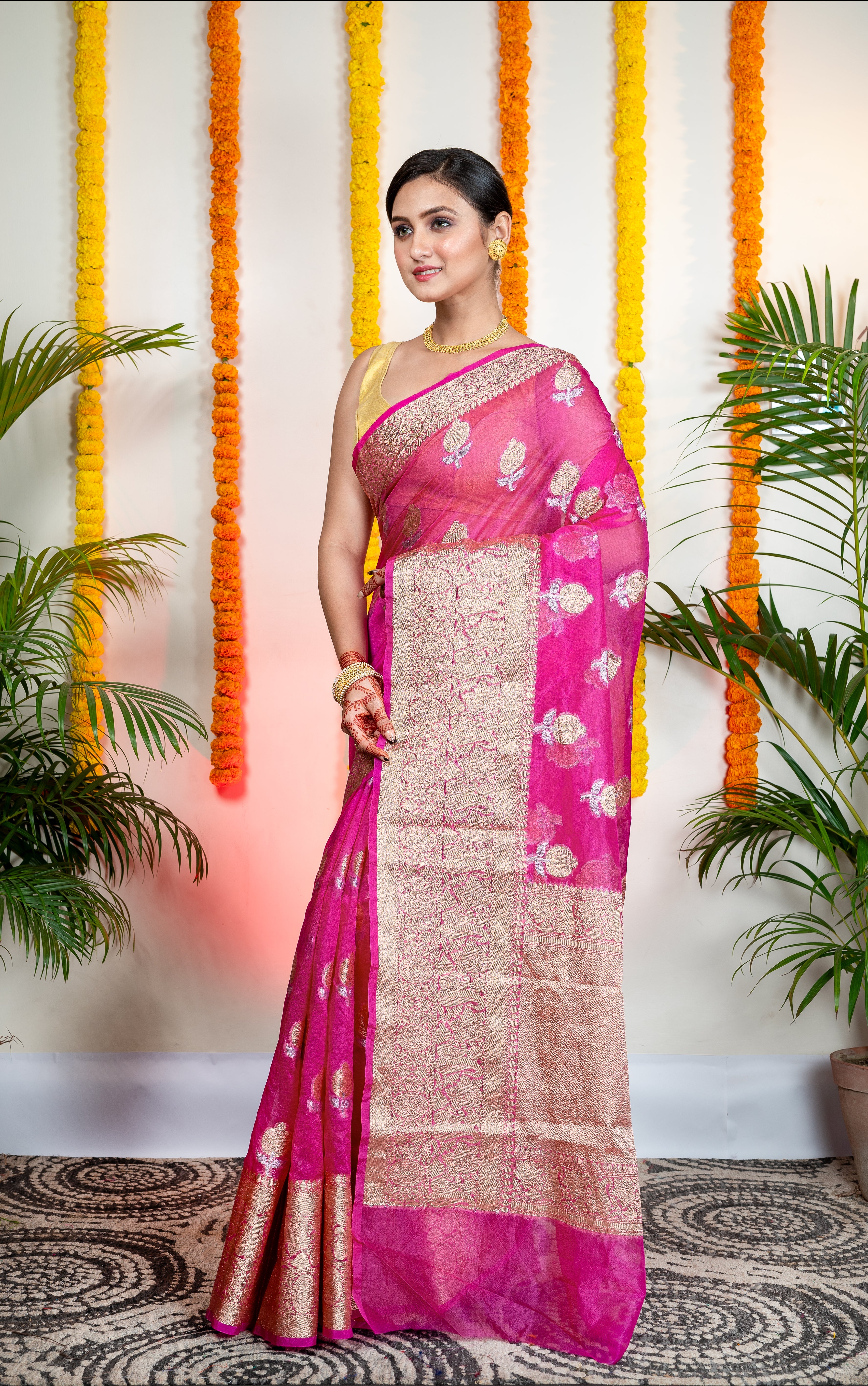 Women's Pink Organza Silk Saree With Zari Border And Floral Motifs - Aanika