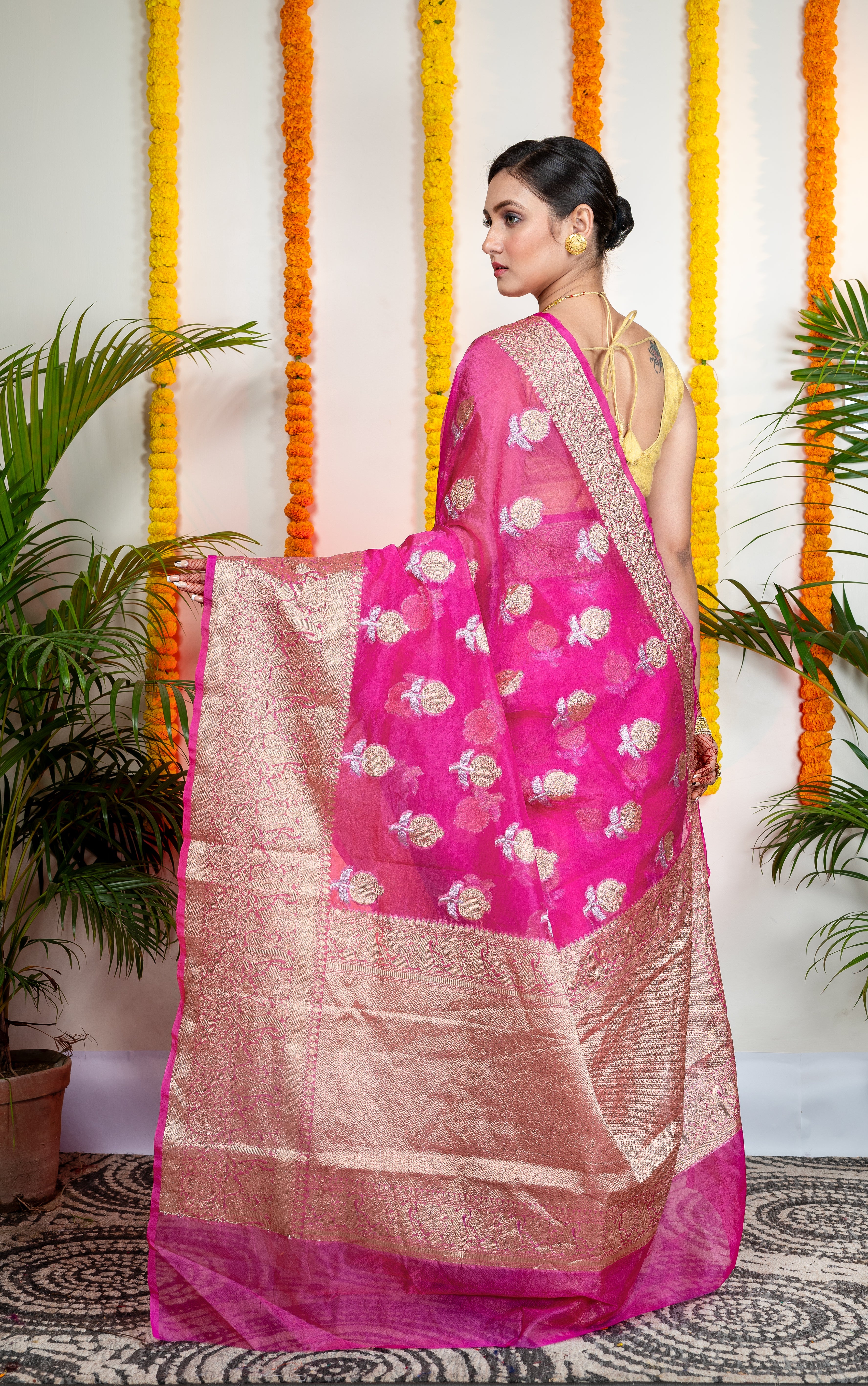 Women's Pink Organza Silk Saree With Zari Border And Floral Motifs - Aanika