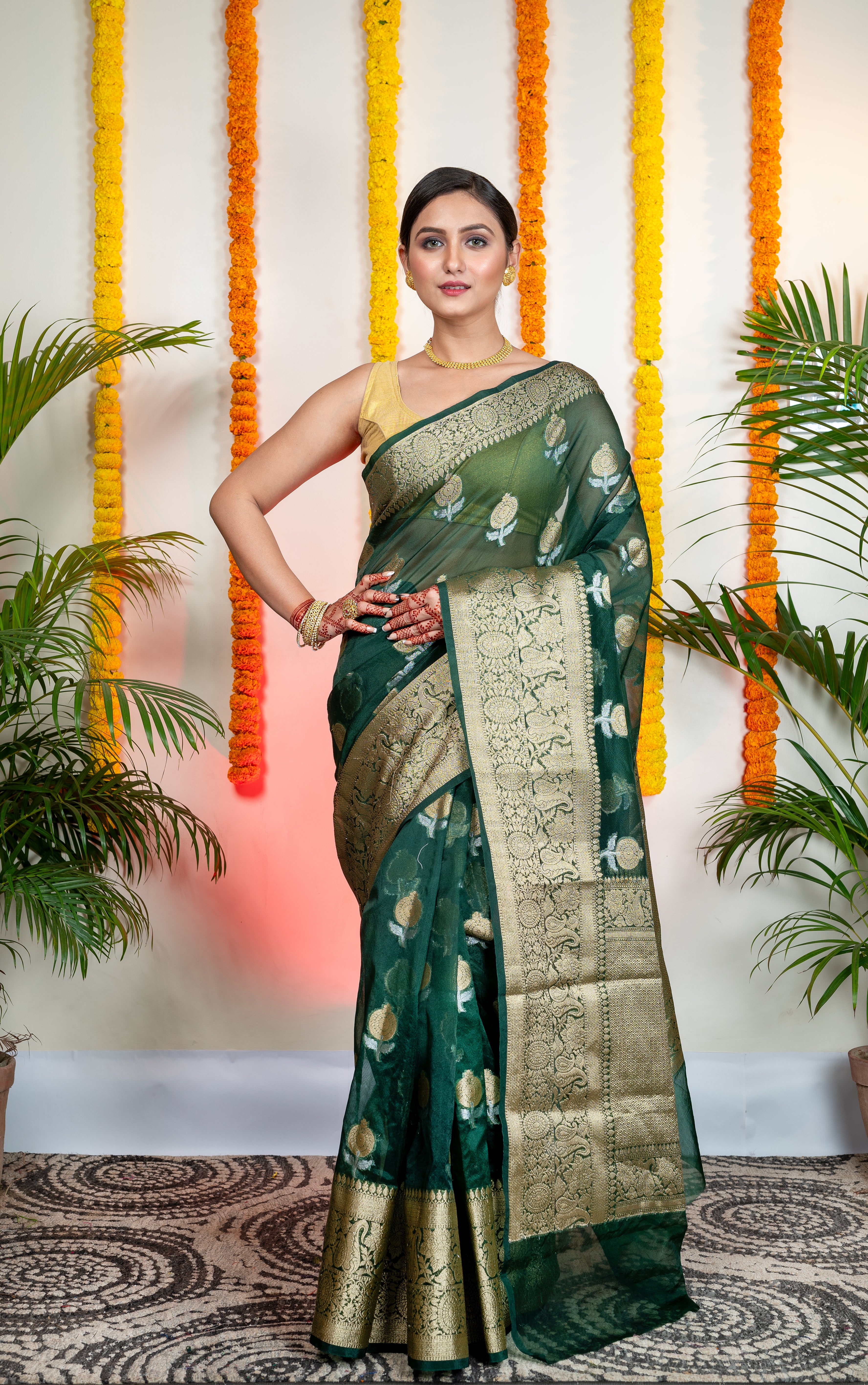 Women's Green Organza Silk Saree With Zari Border And Floral Motifs - Aanika