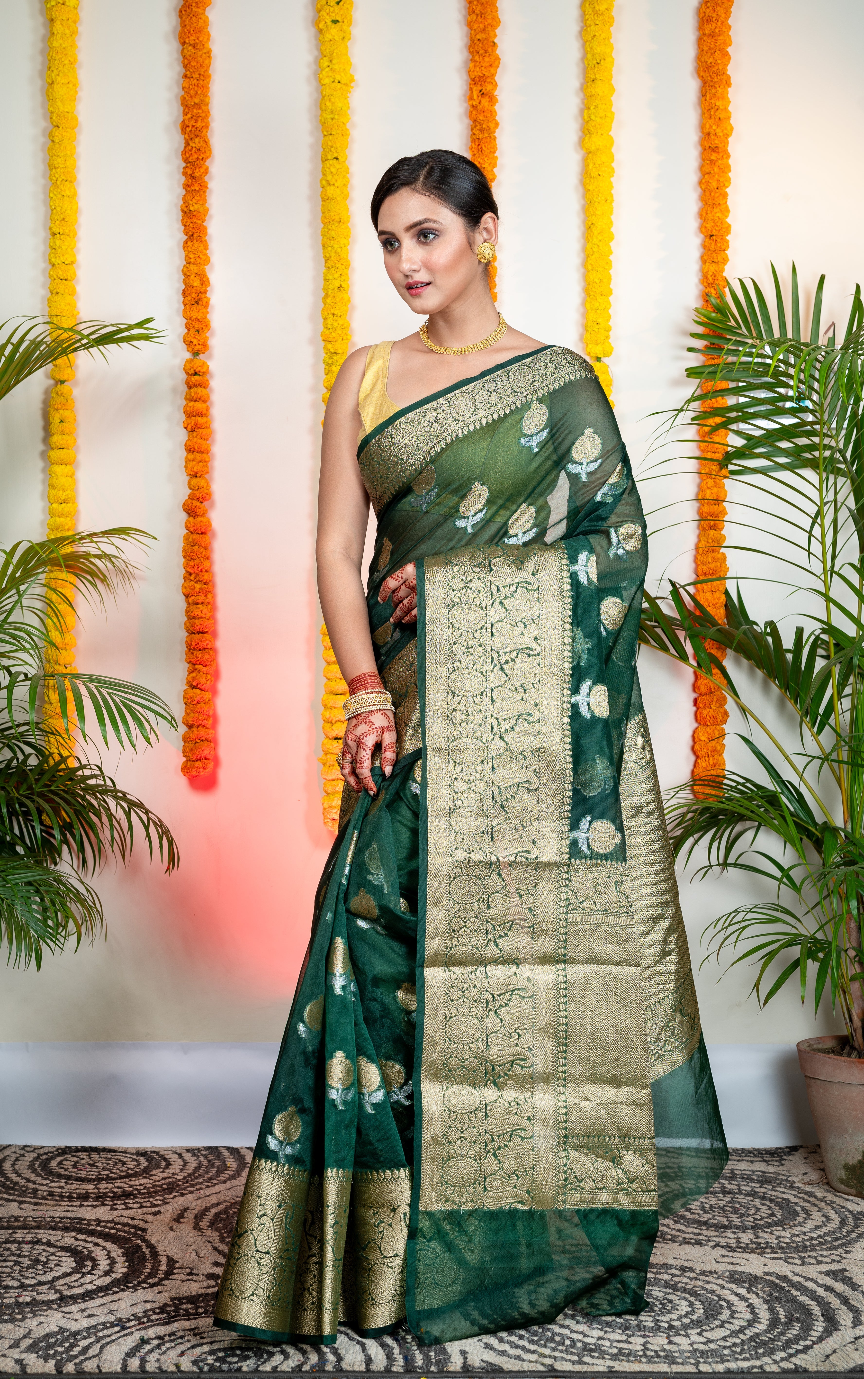 Women's Green Organza Silk Saree With Zari Border And Floral Motifs - Aanika