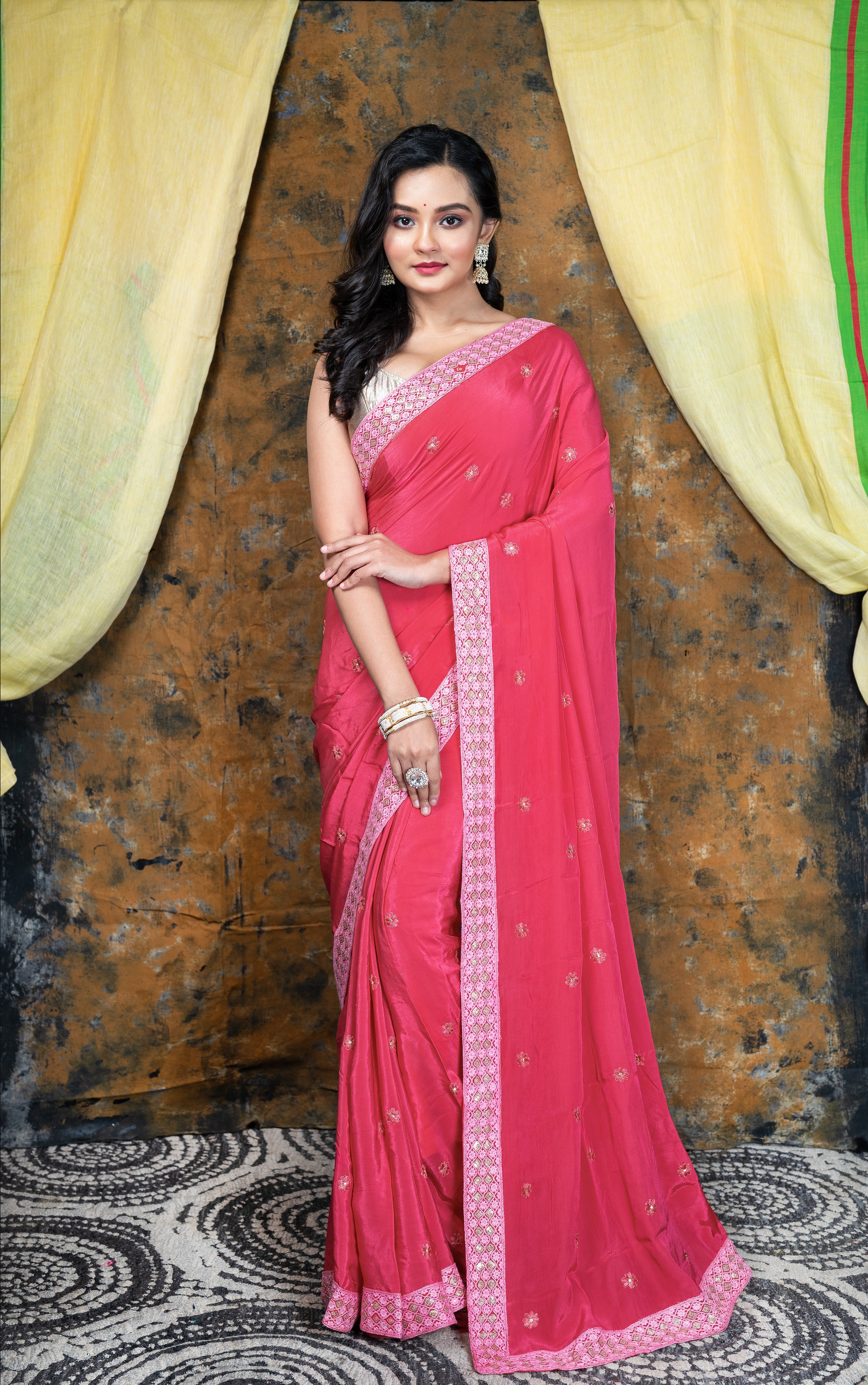 Women's Pink Embroidered Crepe Saree With Embroidered Lace Border - Aanika