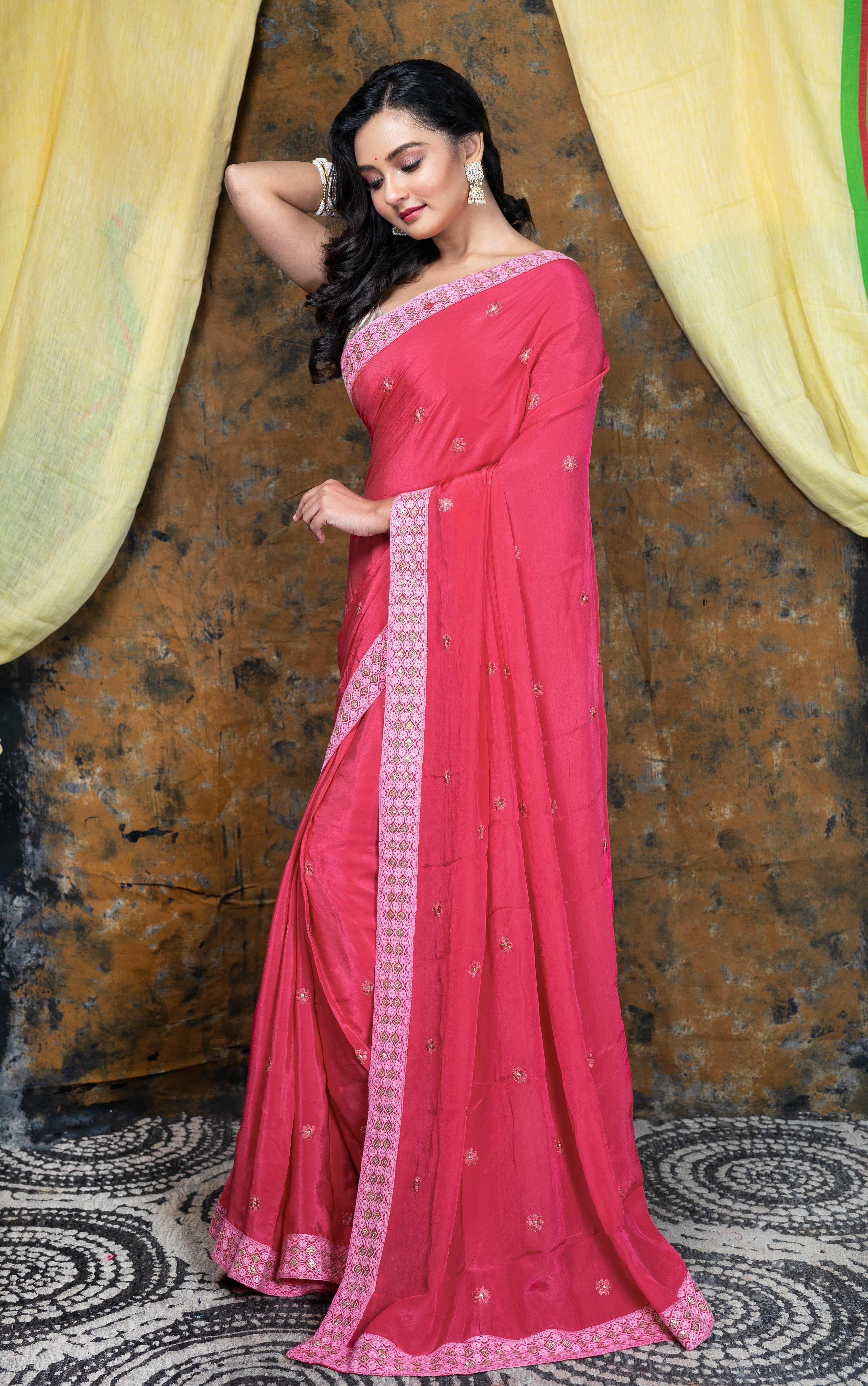 Women's Pink Embroidered Crepe Saree With Embroidered Lace Border - Aanika