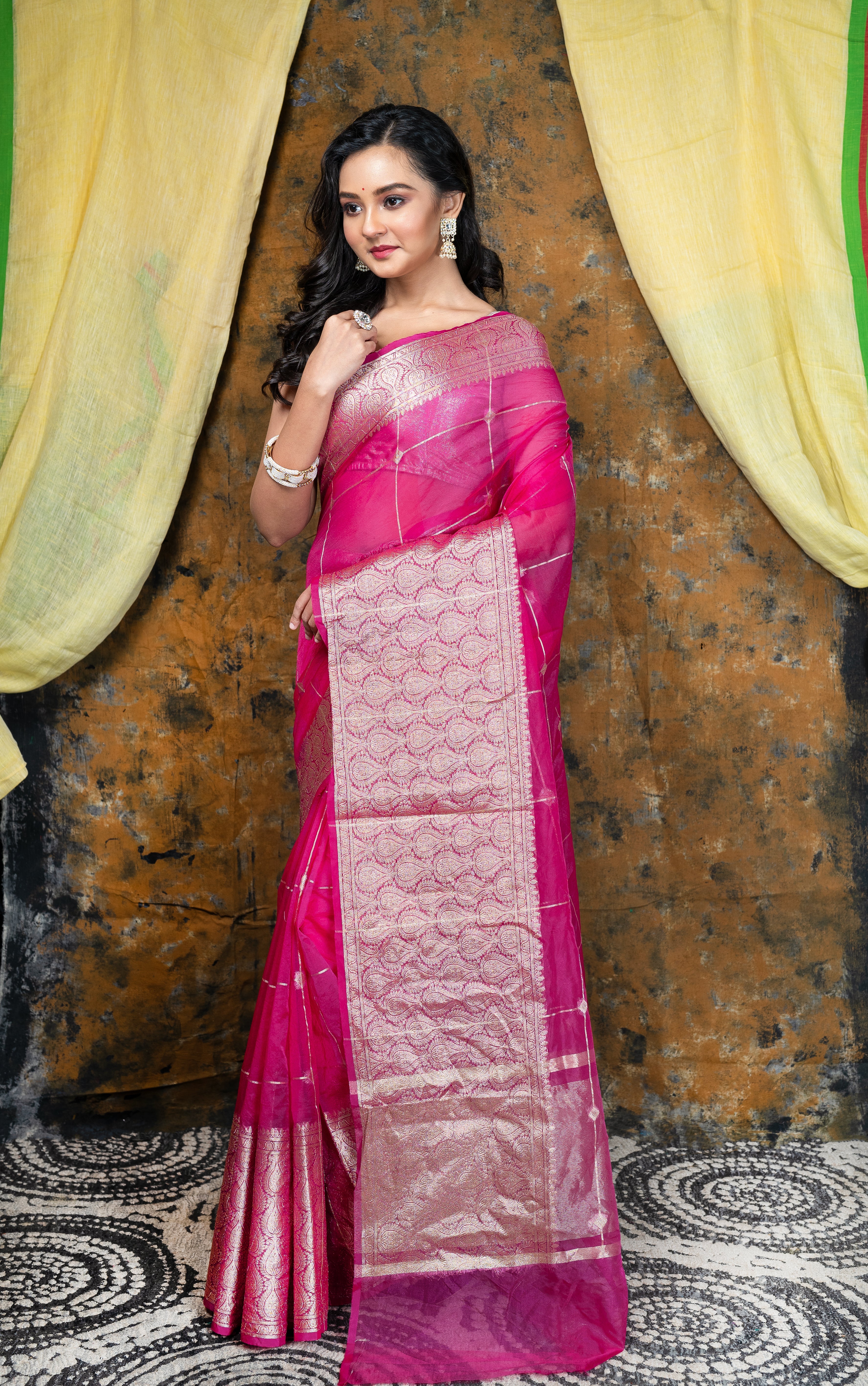 Women's Pink Organza Saree With Square Motifs And Ambi Jaal Border - Aanika