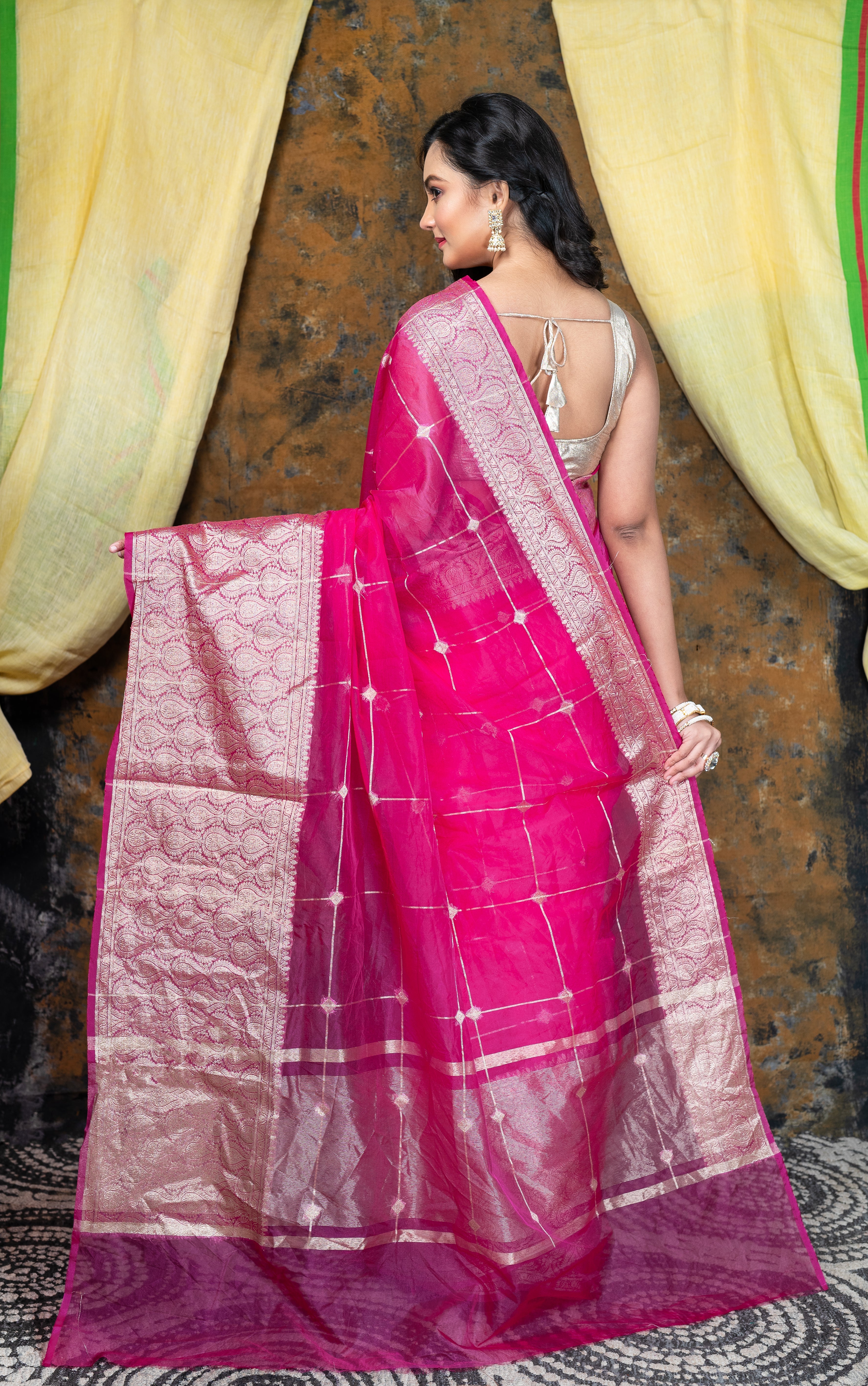 Women's Pink Organza Saree With Square Motifs And Ambi Jaal Border - Aanika