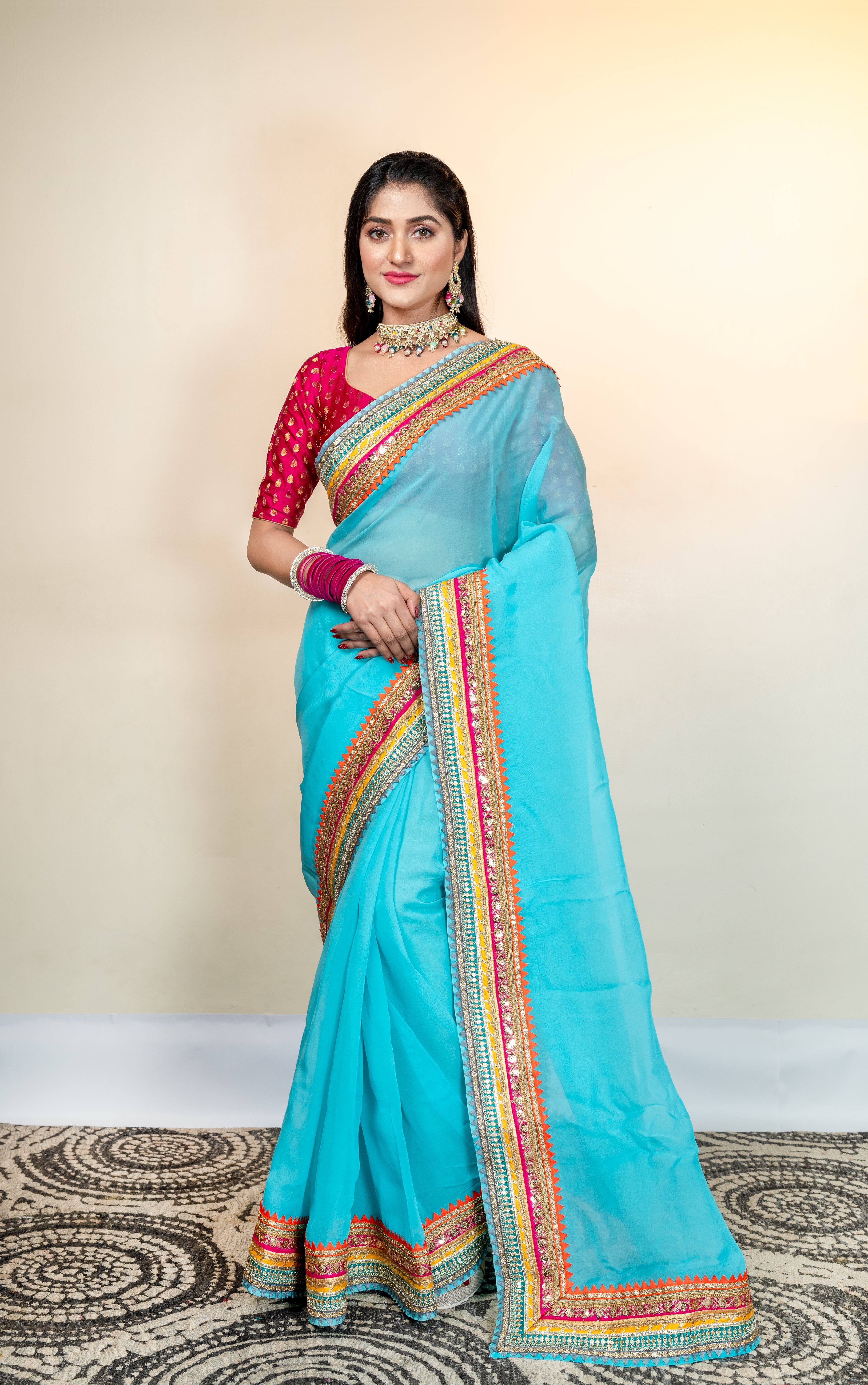 Women's Maya Blue Organza Saree With Multicolor Border - Aanika