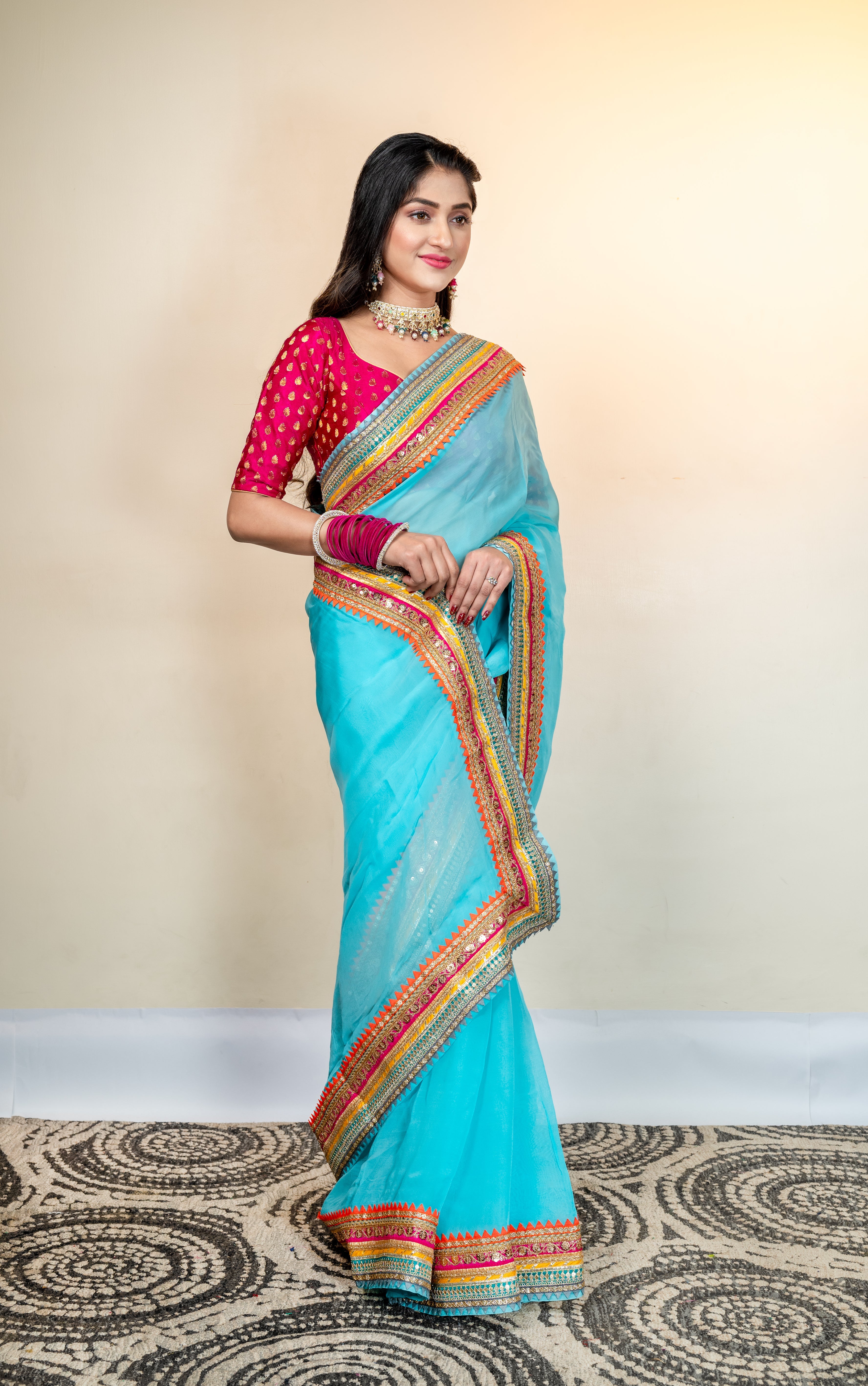 Women's Maya Blue Organza Saree With Multicolor Border - Aanika