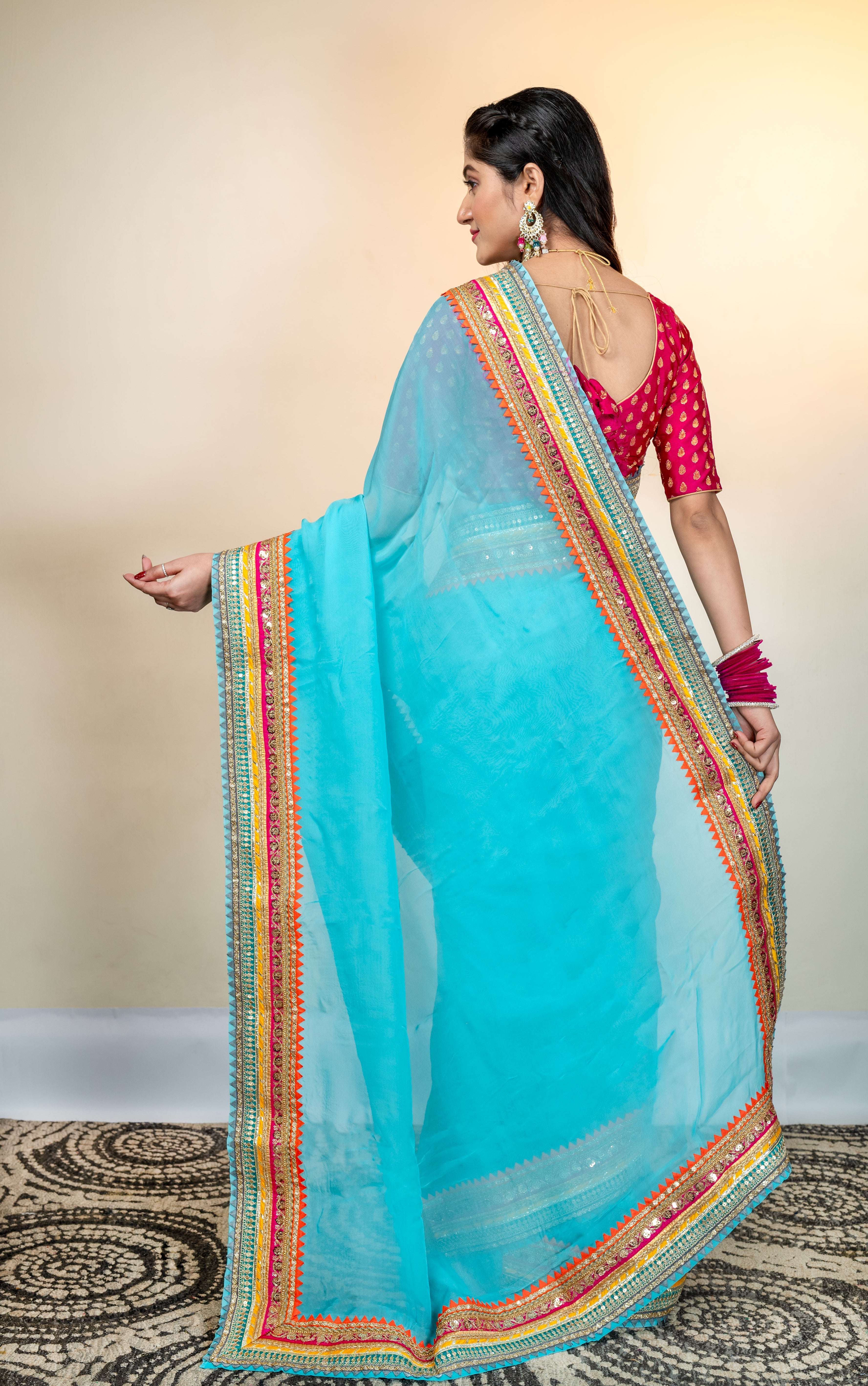 Women's Maya Blue Organza Saree With Multicolor Border - Aanika