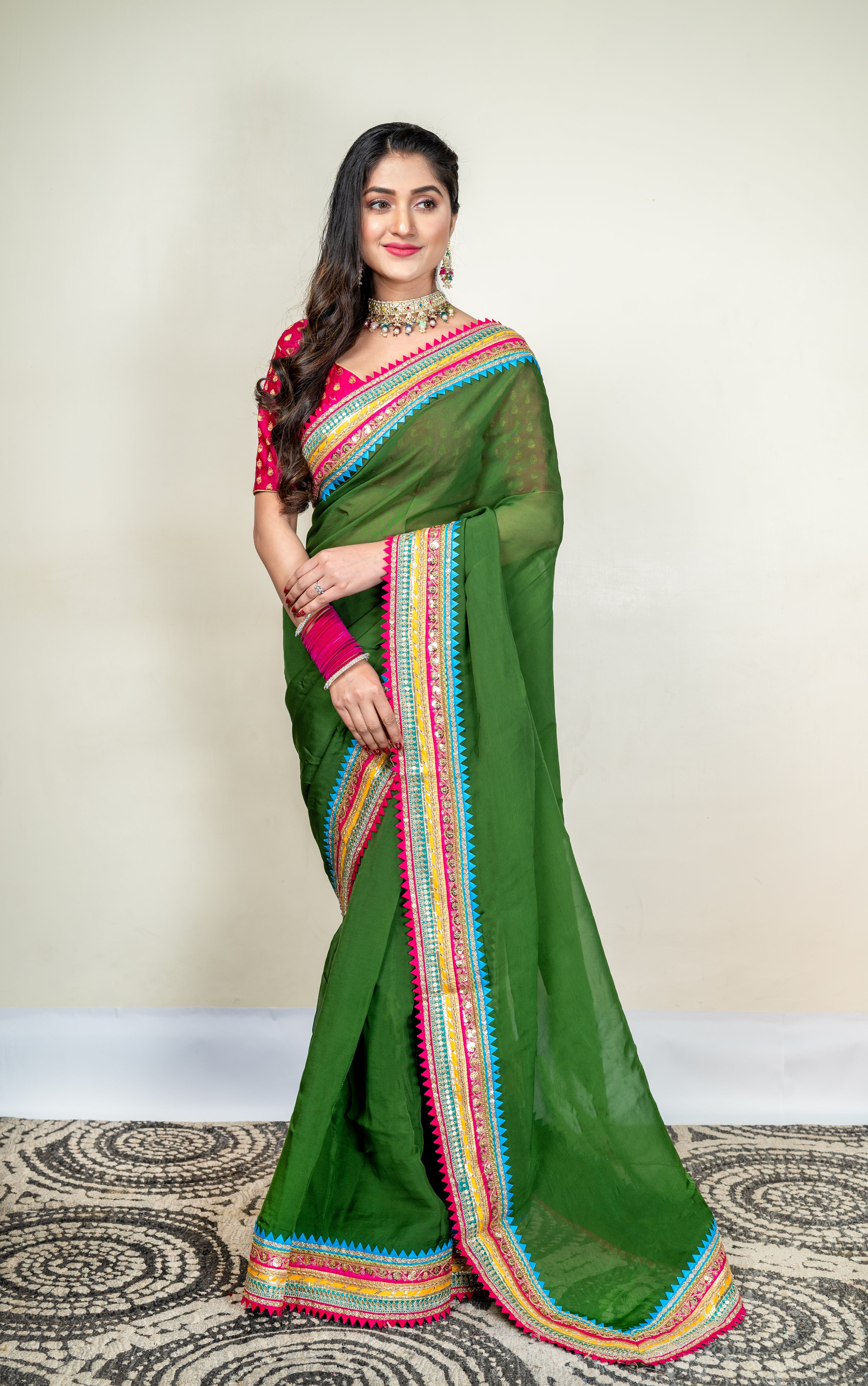 Women's Moss Green Organza Saree With Multicolor Border - Aanika