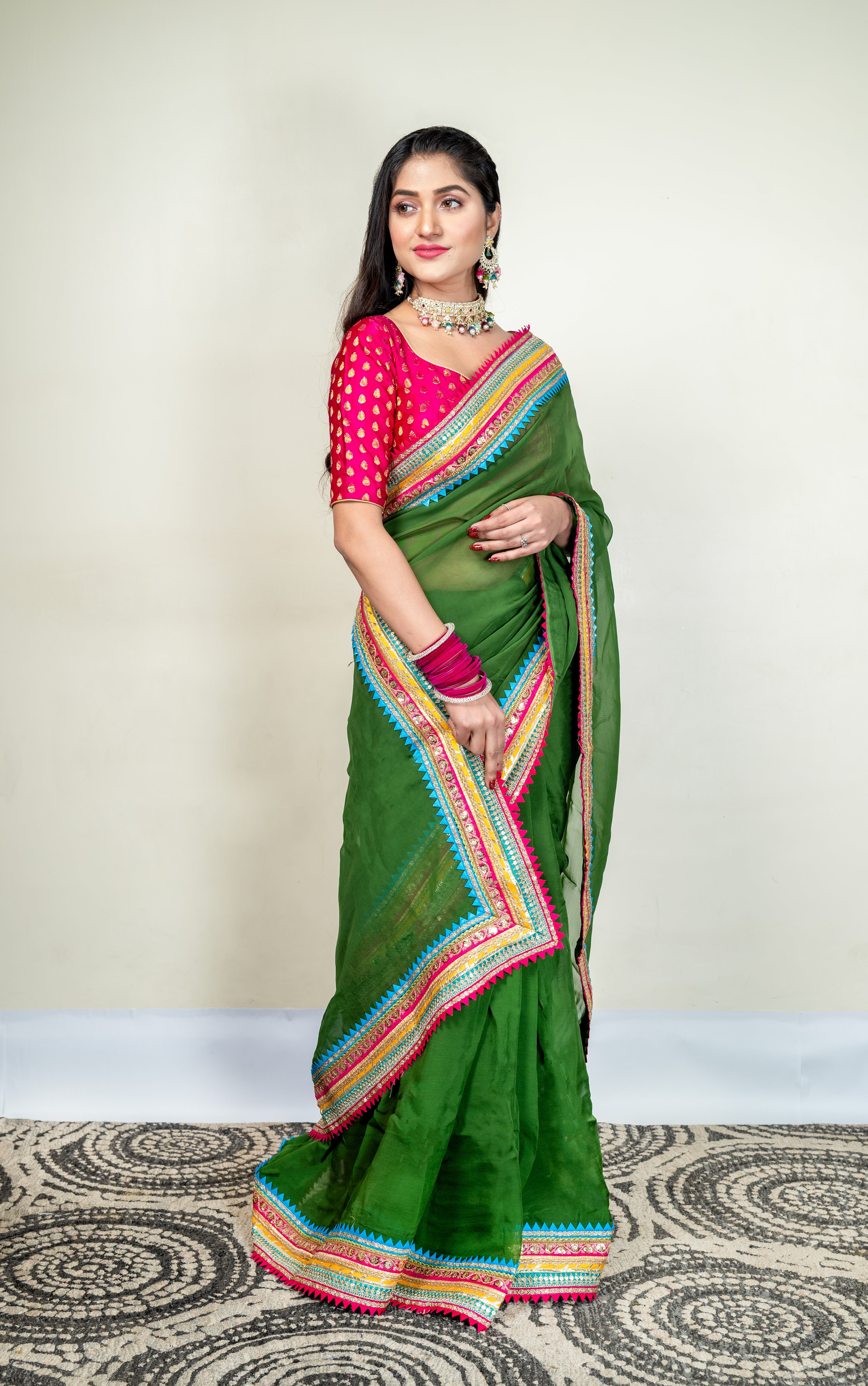 Women's Moss Green Organza Saree With Multicolor Border - Aanika