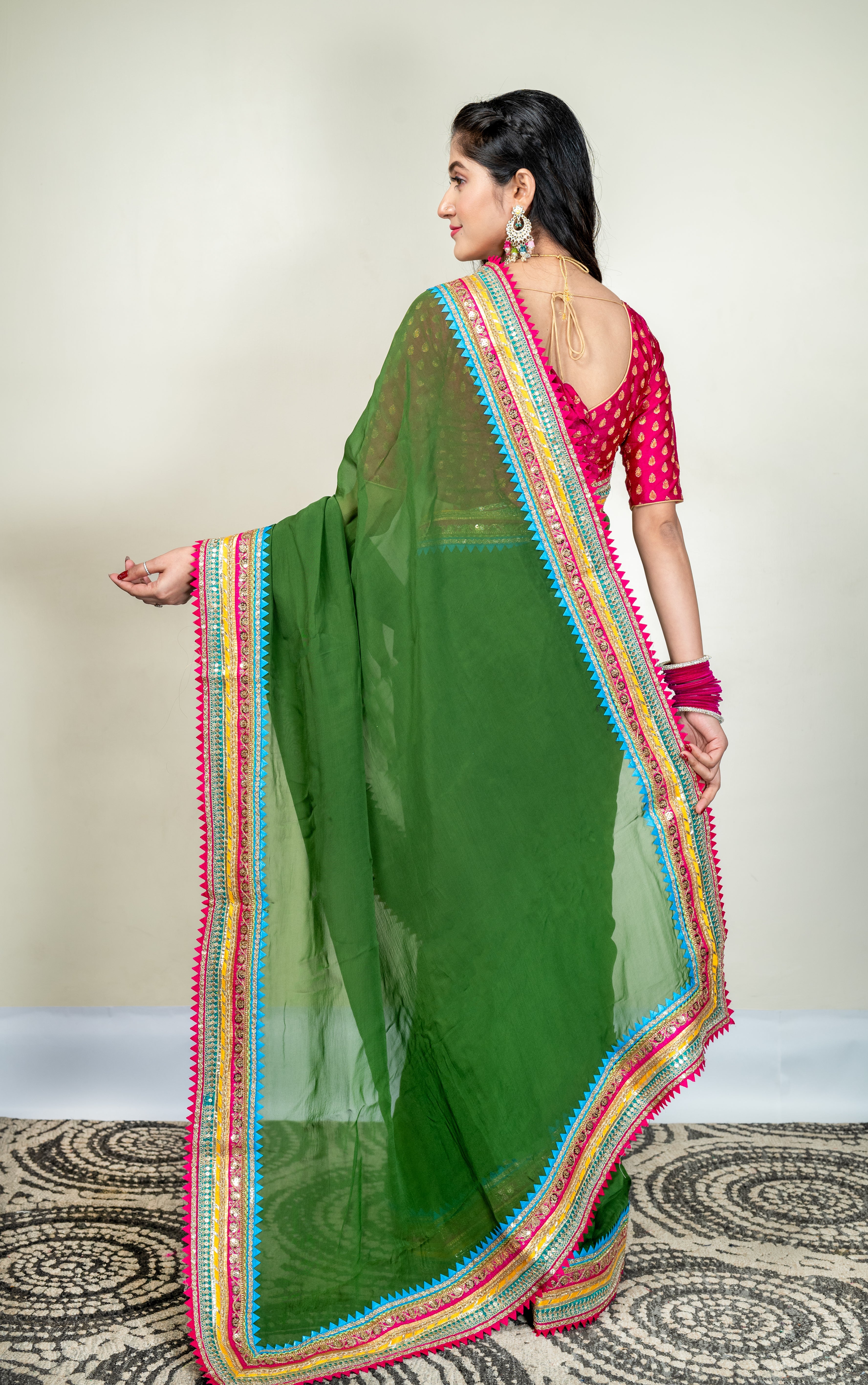 Women's Moss Green Organza Saree With Multicolor Border - Aanika