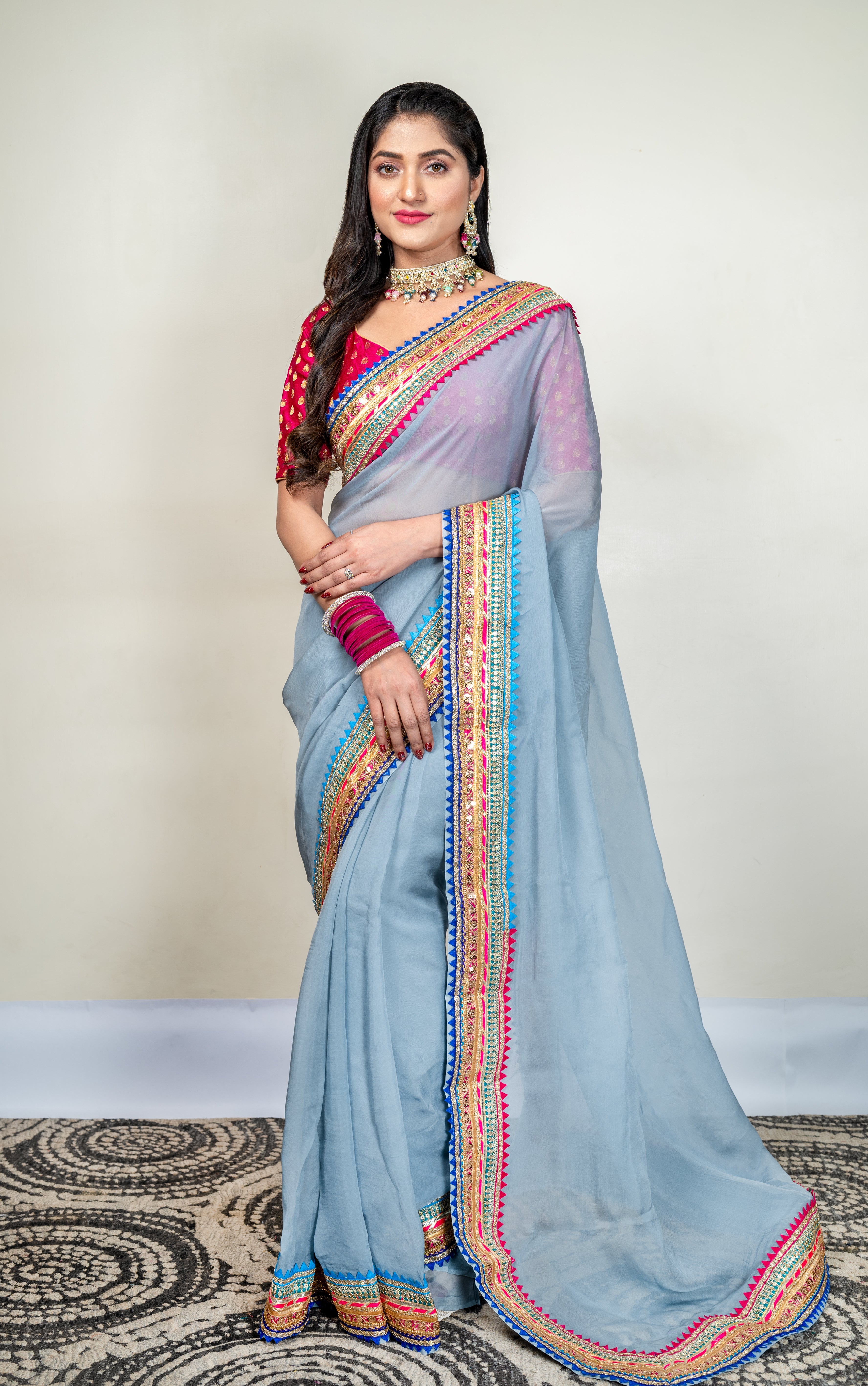 Women's Grey Organza Saree With Multicolor Border - Aanika