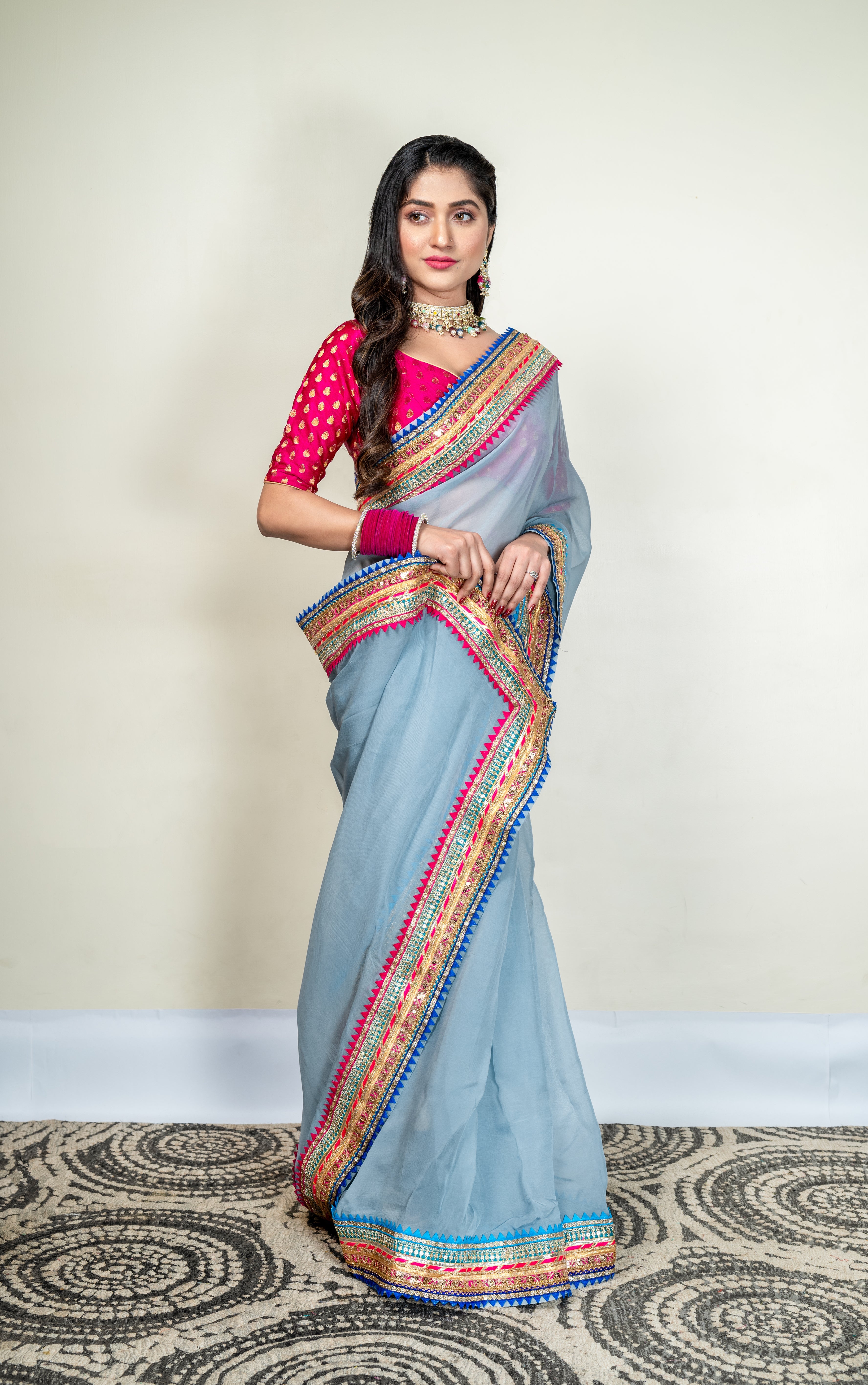 Women's Grey Organza Saree With Multicolor Border - Aanika