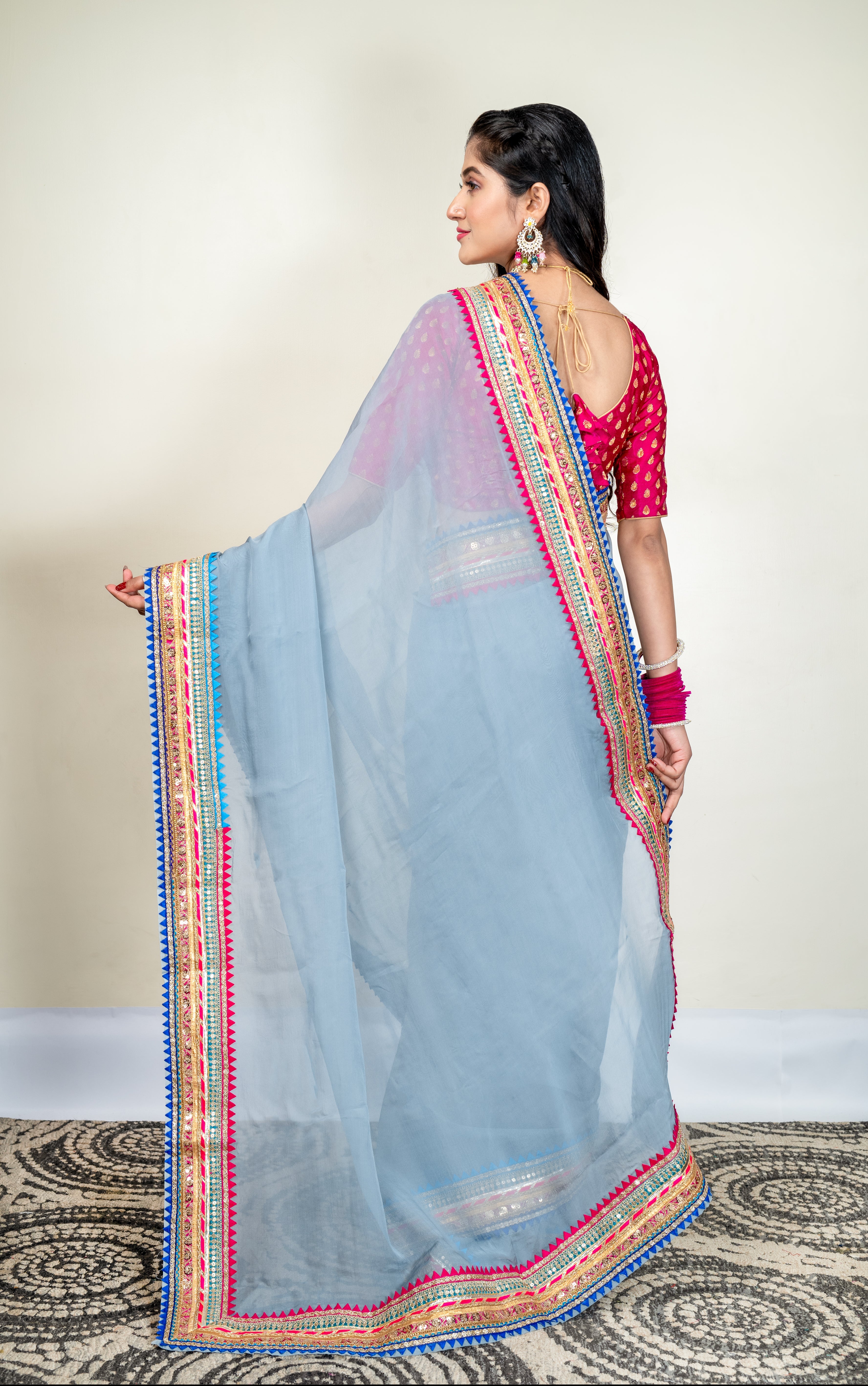 Women's Grey Organza Saree With Multicolor Border - Aanika