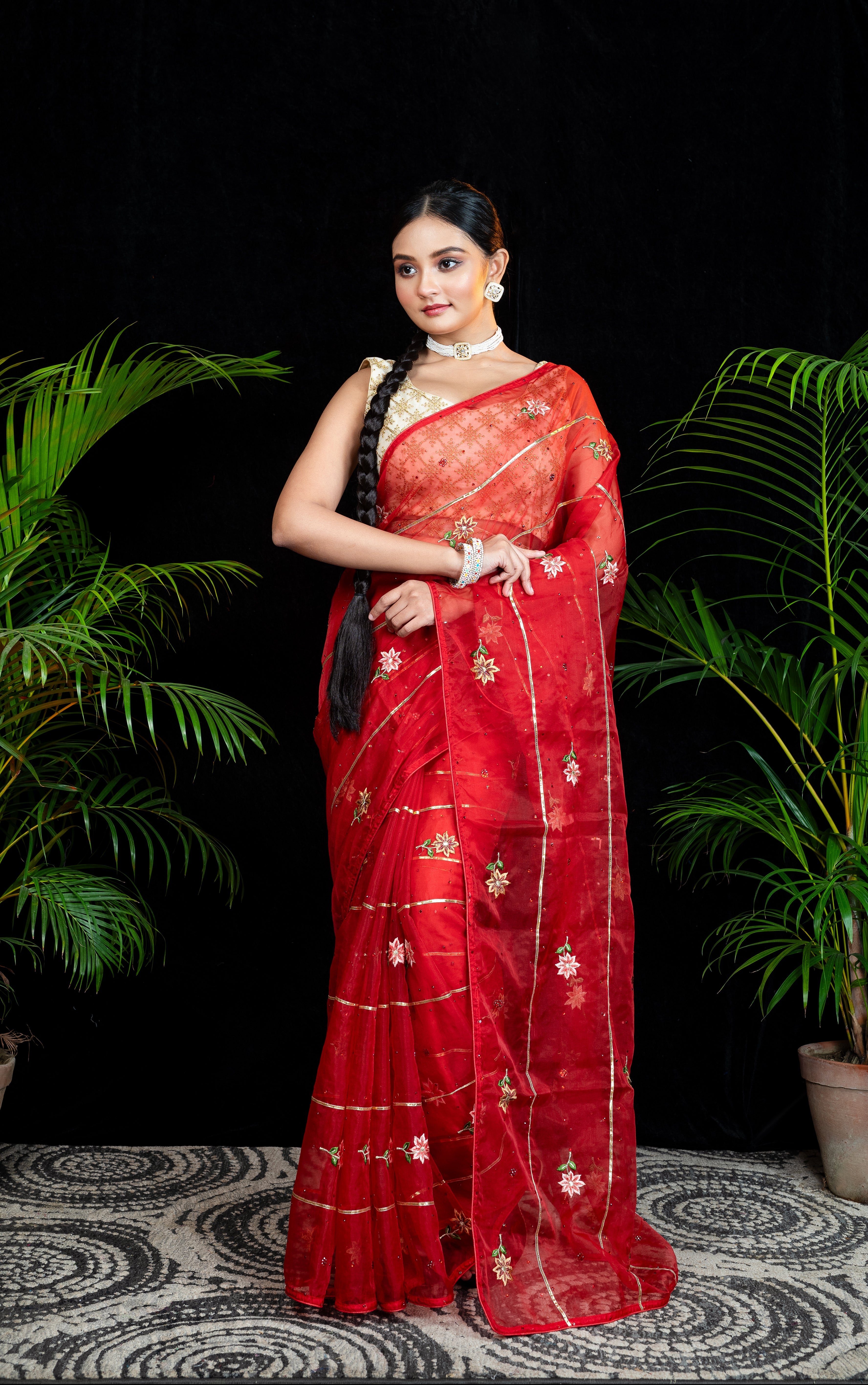 Women's Red Embroidered Organza Saree With Gota Work - Aanika