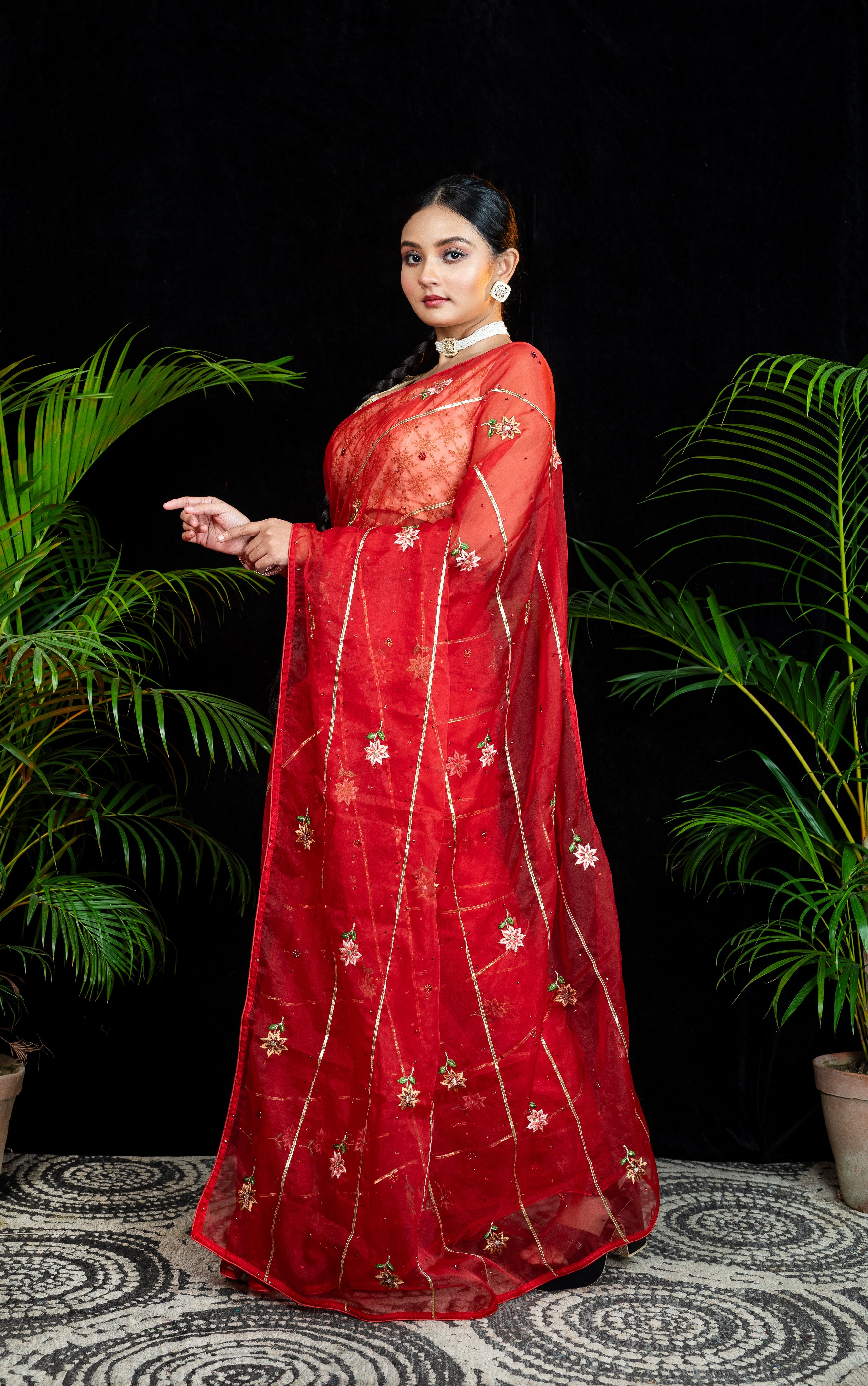 Women's Red Embroidered Organza Saree With Gota Work - Aanika