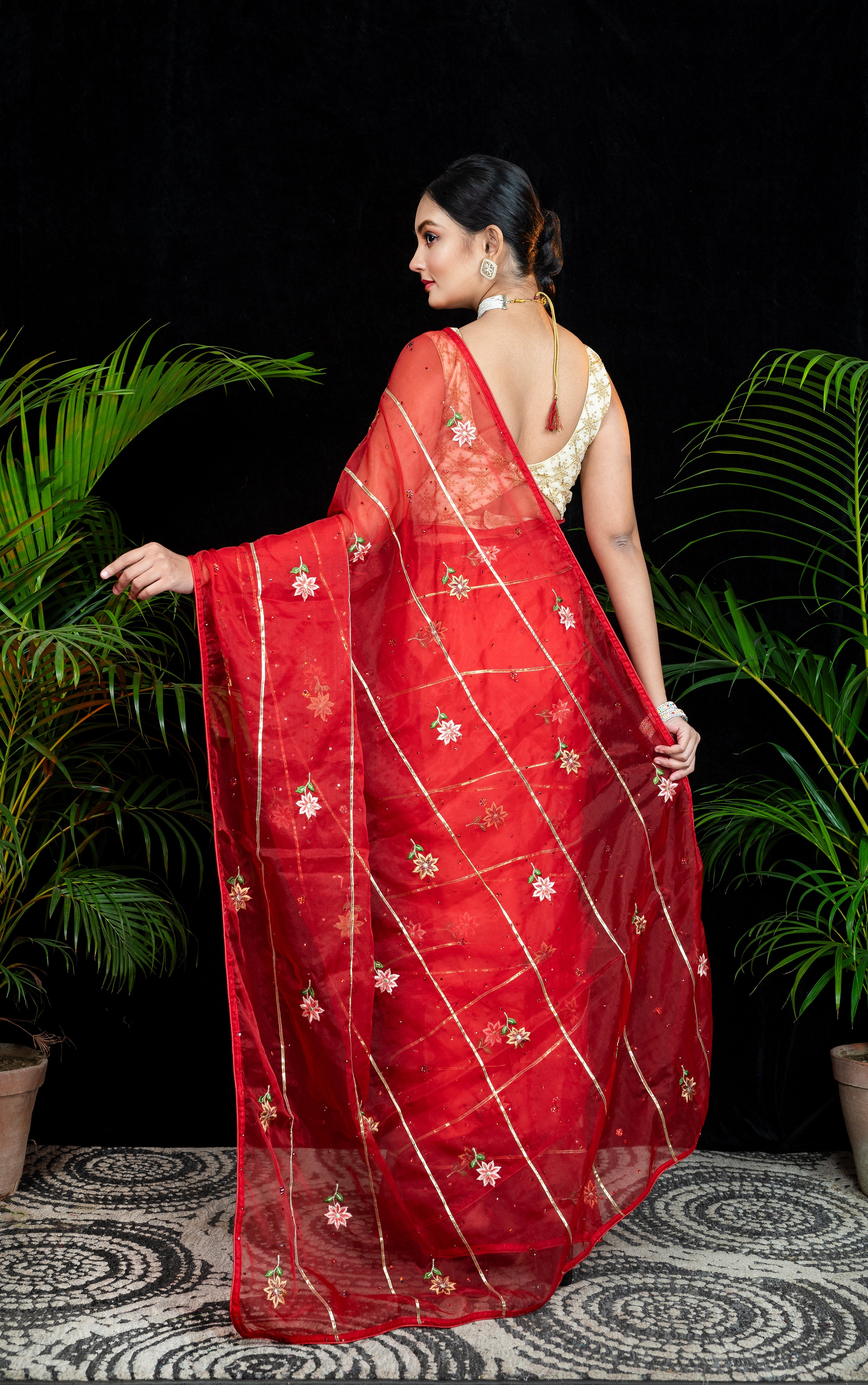 Women's Red Embroidered Organza Saree With Gota Work - Aanika